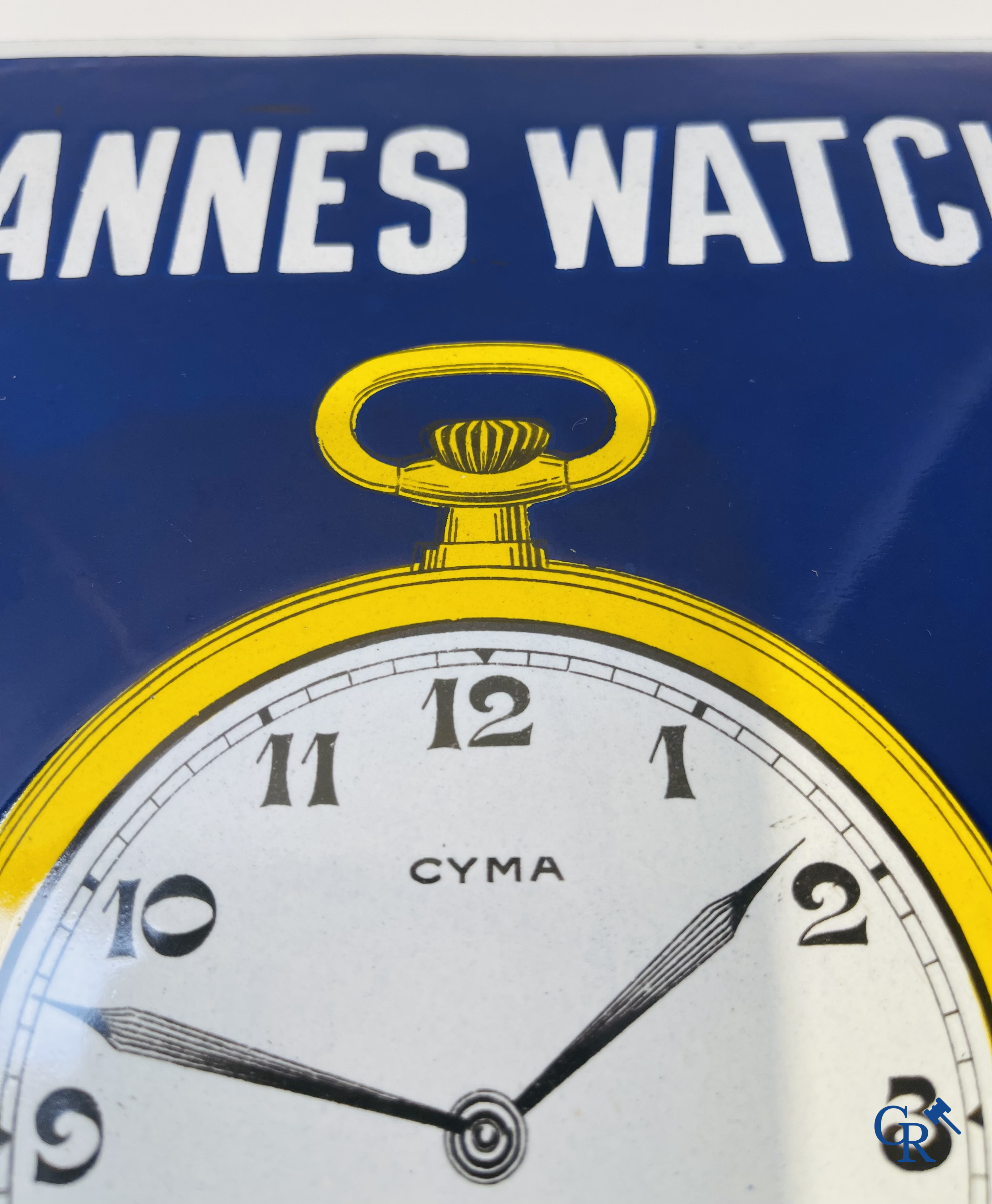 Tavannes Watch Company. Bombed enamel advertising sign for Cyma wrist and pocket watches. 1926.