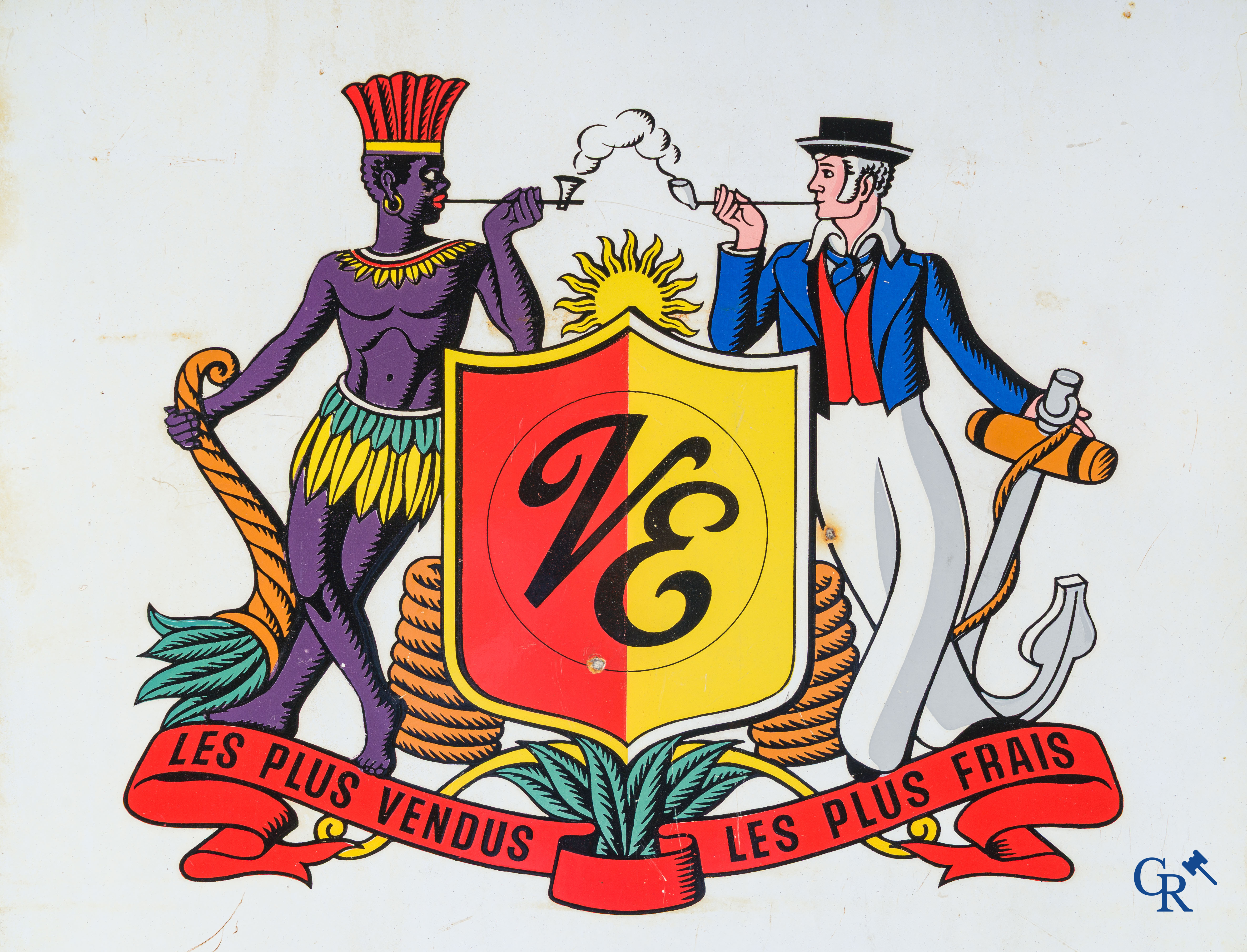 Tabacs Vander Elst. Emaille reclamebord voor de tabaksfabriek Tabacofina-Vander Elst of "Den Belga" 1952.