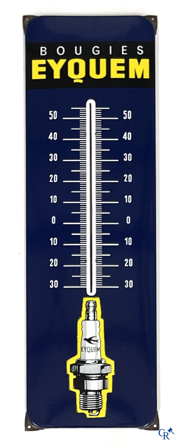 Bougies Eyquem, emaille reclamebord met ingewerkte thermometer. 60'er jaren.