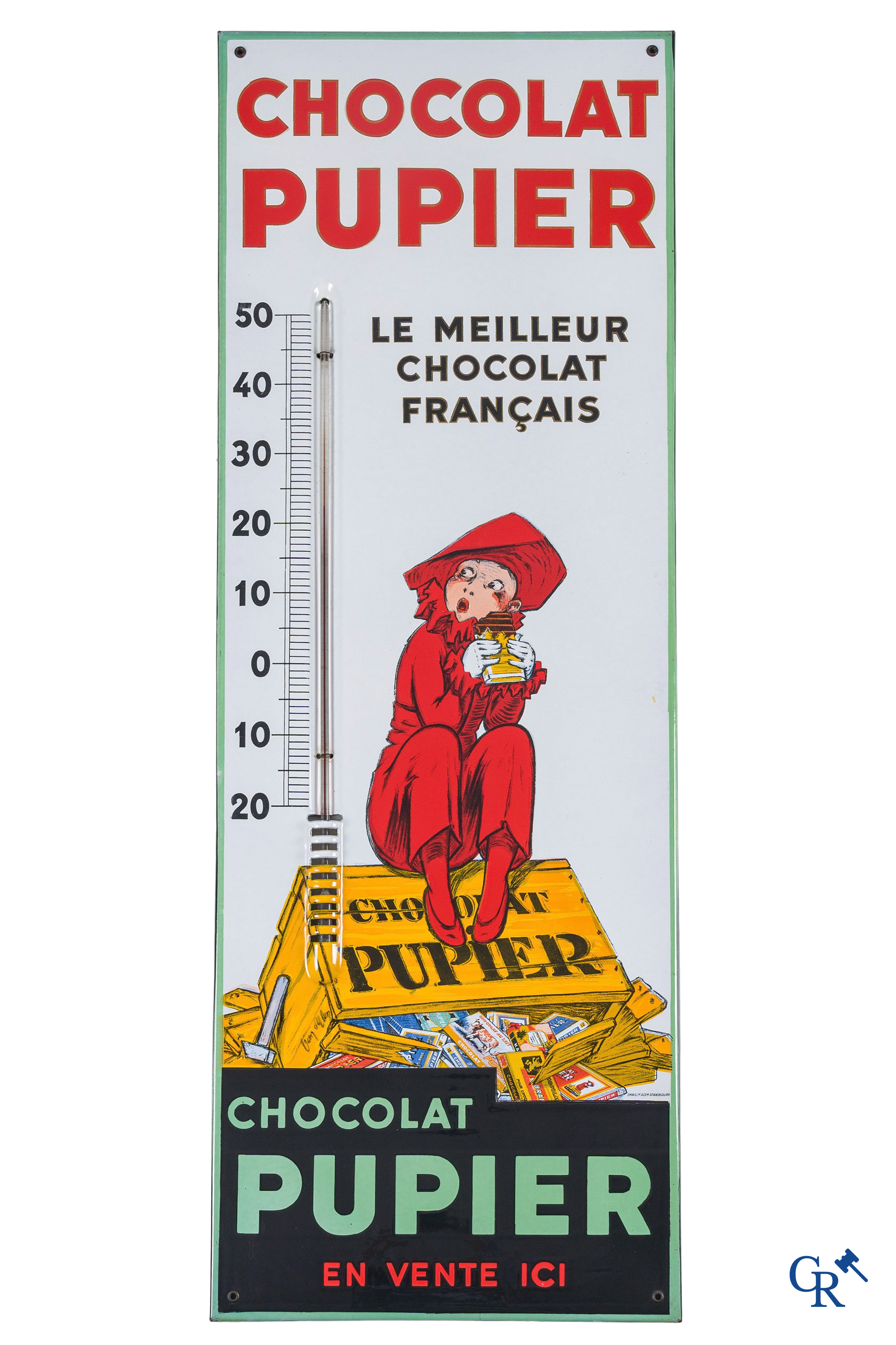 Chocolat Pupier, plaque émaillée illustré du personnage de Jean D'Ylen, vers 1930.