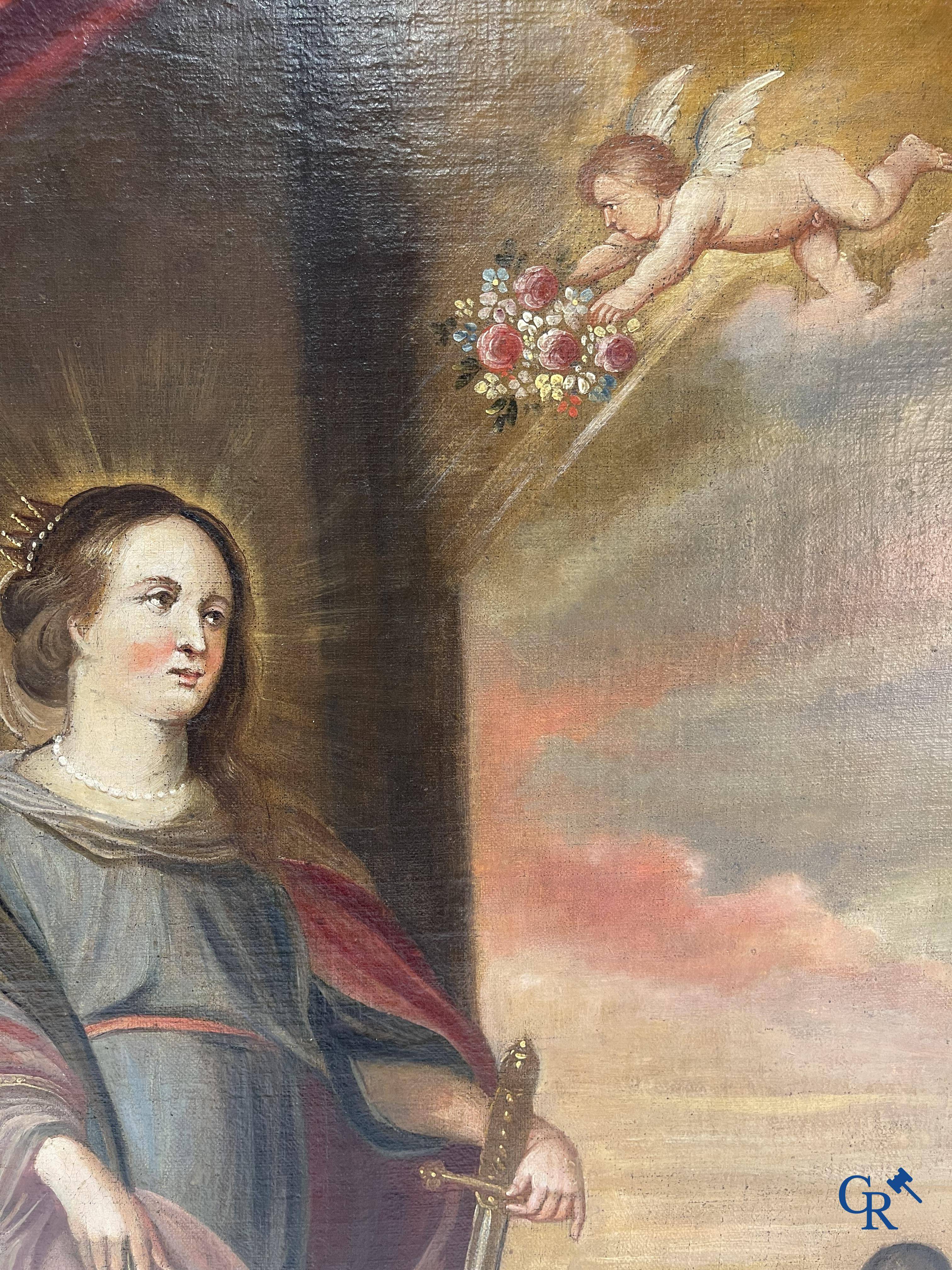 Religious painting, Saint Catherine with angel, oil on canvas 18th century.