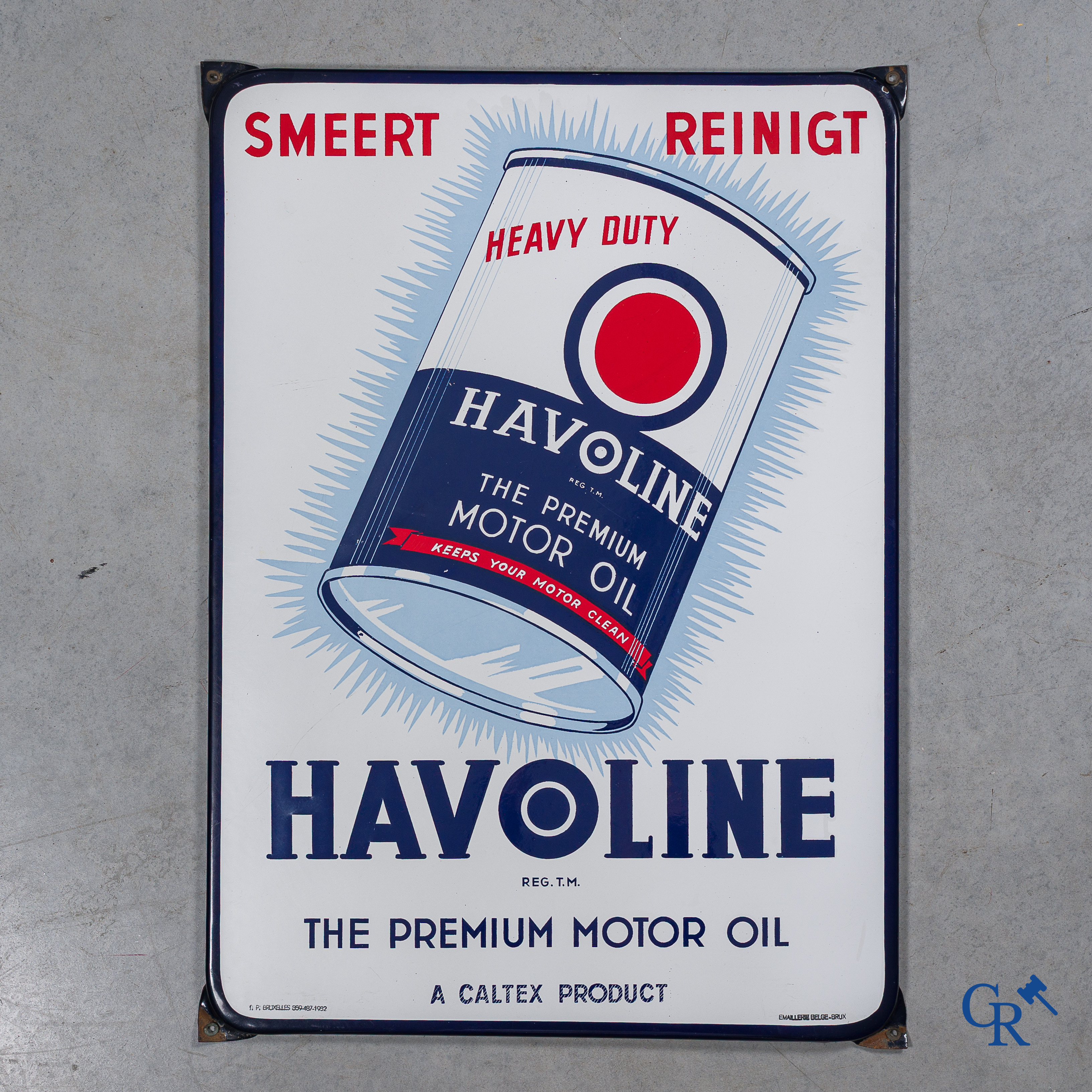 Havoline, Caltex. The Premium Motor Oil. Enamel advertising sign for Caltex engine oil. Emaillerie Belge-Bruxelles 1952.