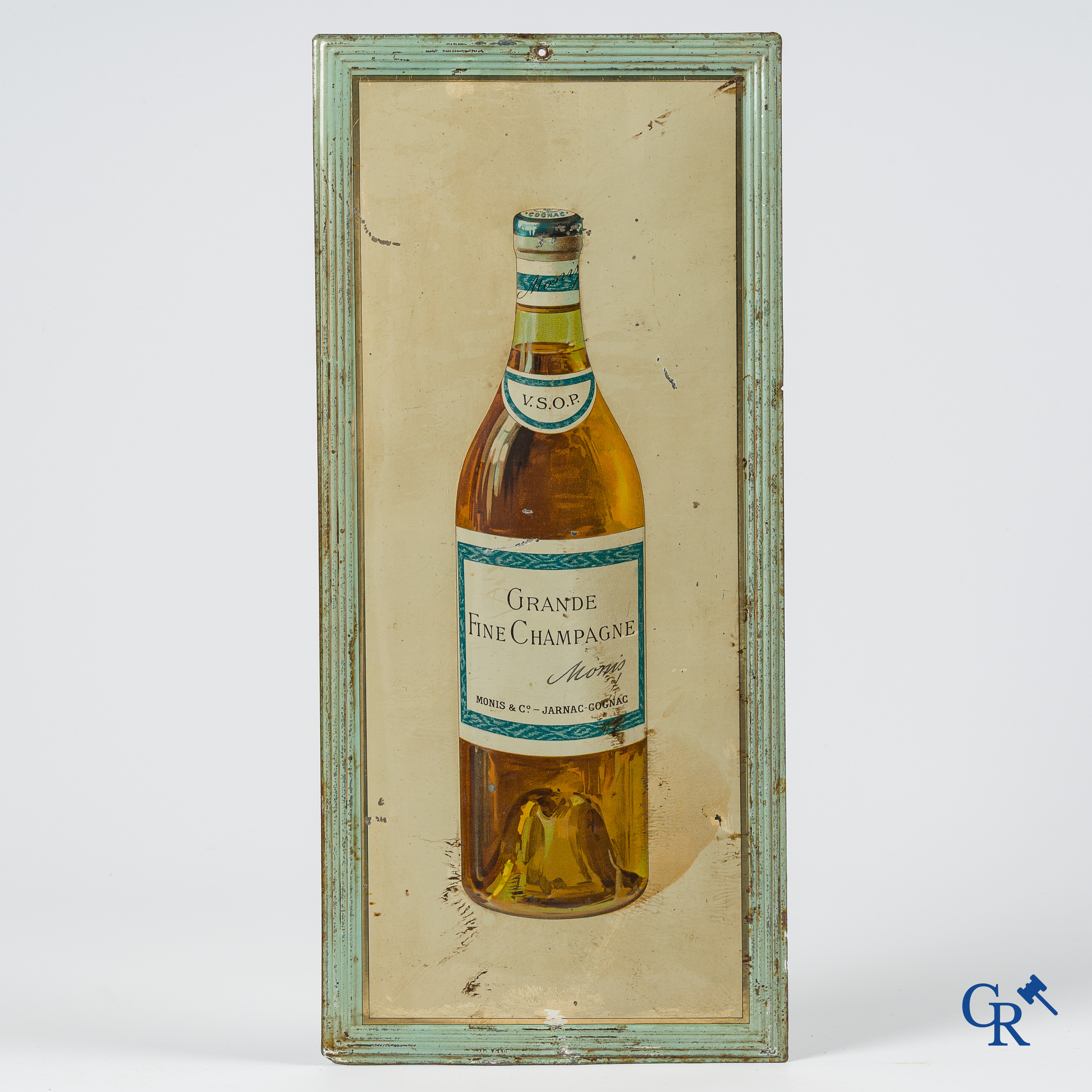 Monis & Cie, Jarnac-Cognac. Rare publicity in painted metal for Grande Fine Champagne Monis. 1930's.