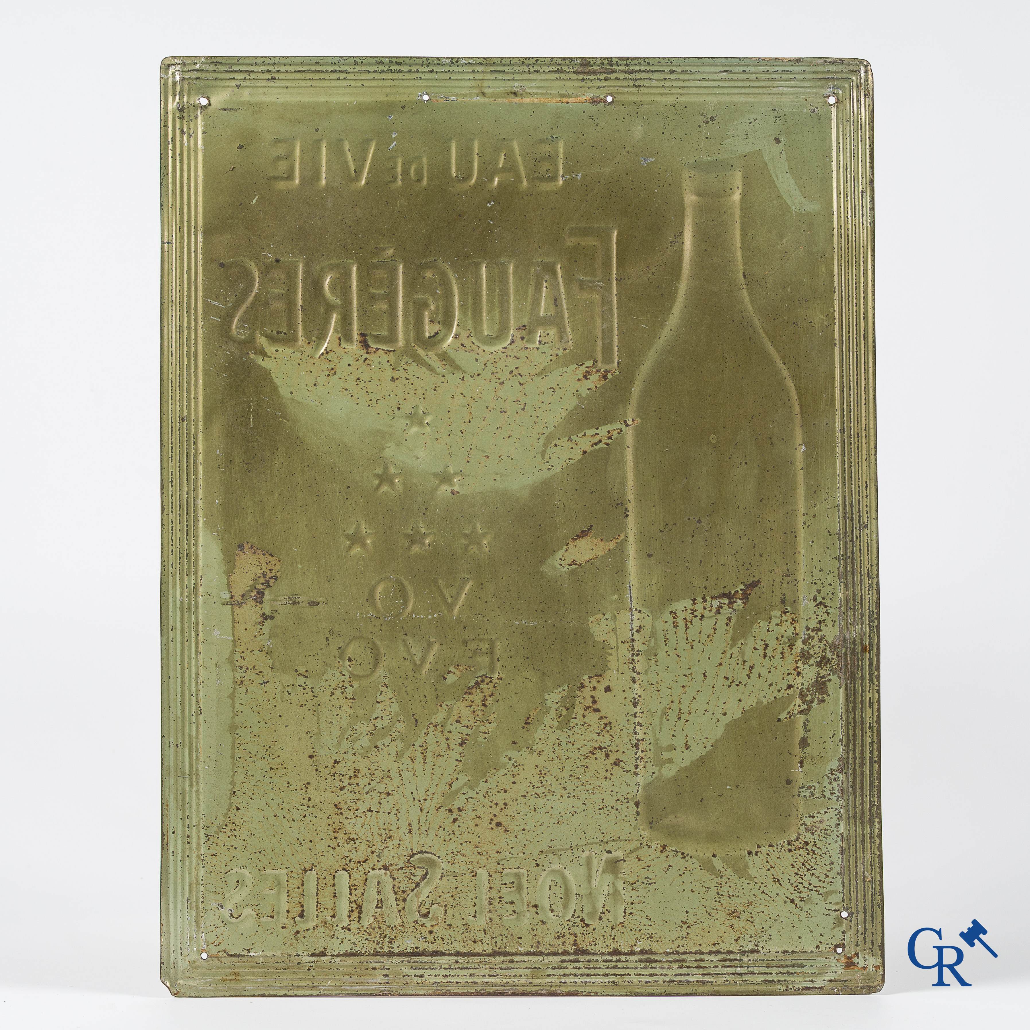 Advertising sign in embossed painted tin for Eau de Vie de Faugères by Noël Salles. Around 1920.