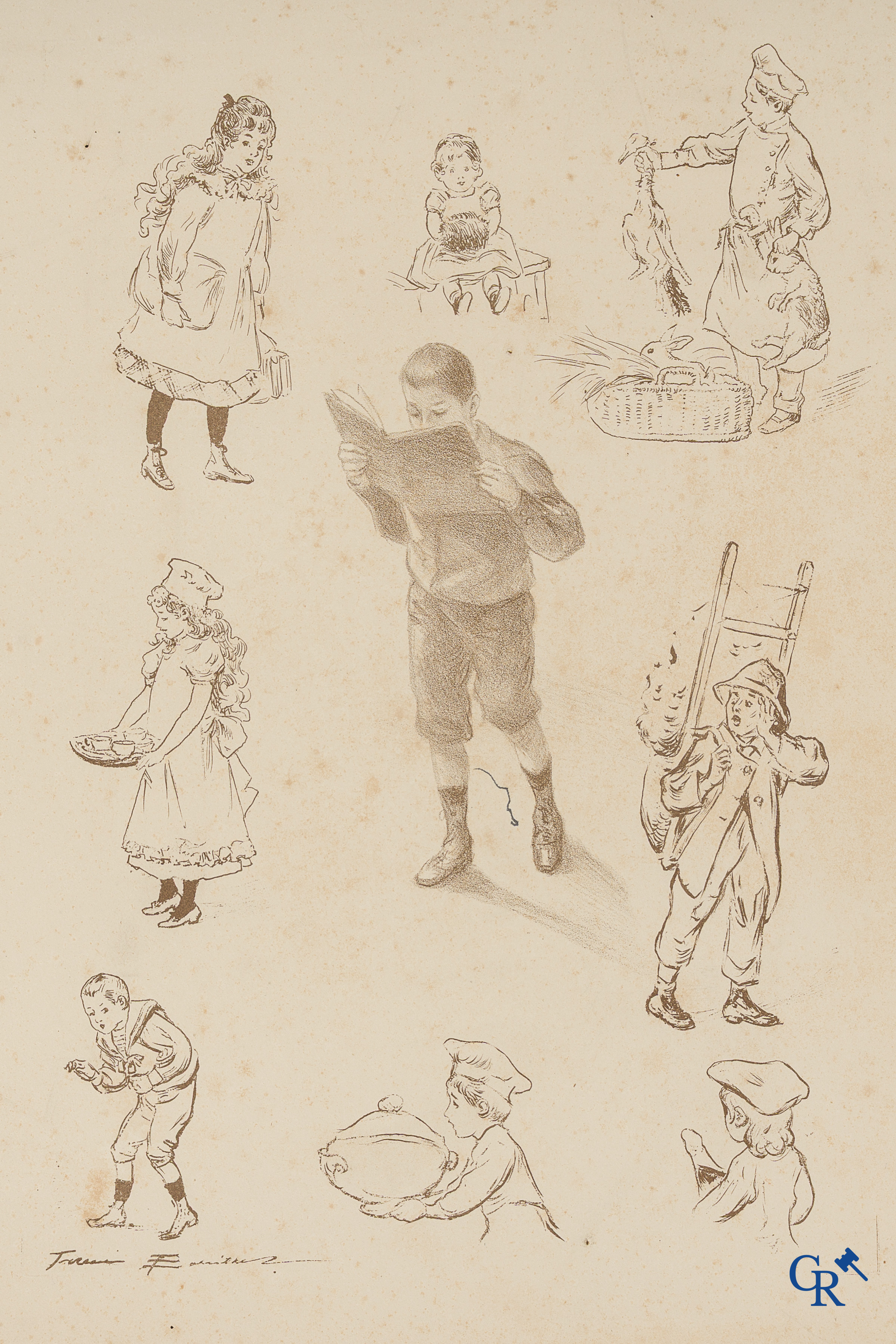 Firmin Bouisset (1859-1925) Lithographic proof print featuring sketches of Jacques Bouisset and typical subjects.