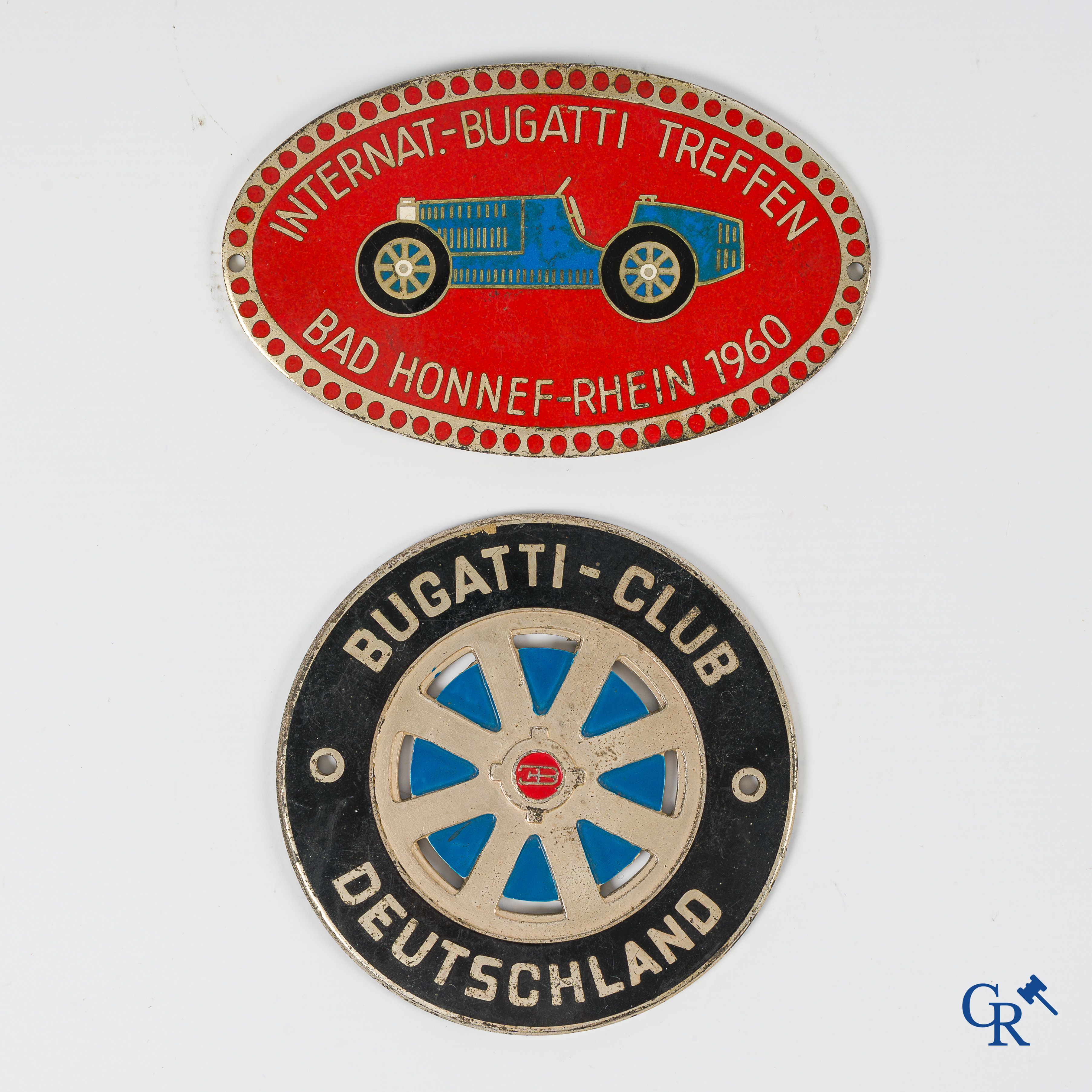 Bugatti, 2 original Bugatti club badges or grille signs. Marked F. Hofstätter, Bonn. Circa 1960.