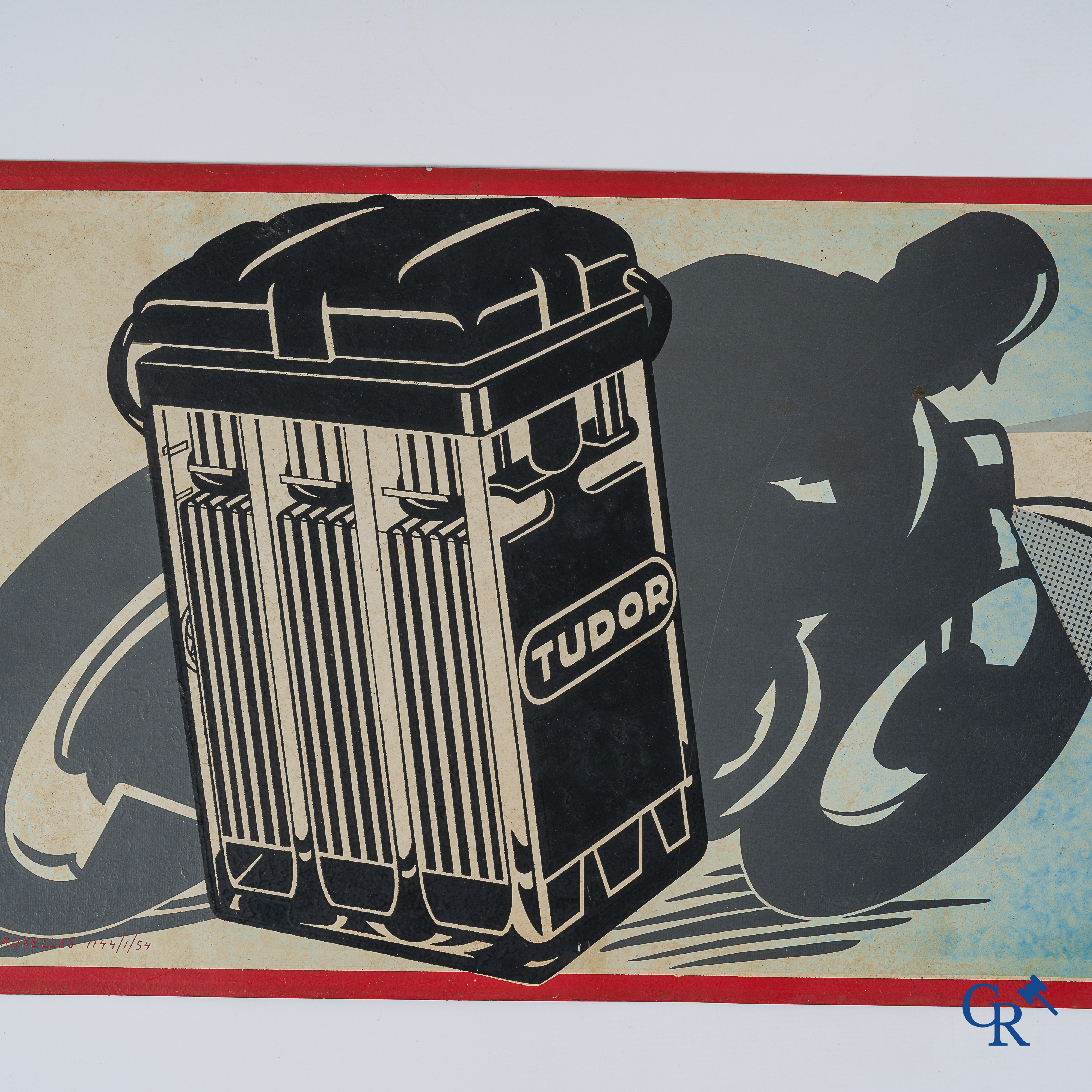 Accus Tudor. Publicity sign in printed metal for motorcycle batteries of the brand Tudor.