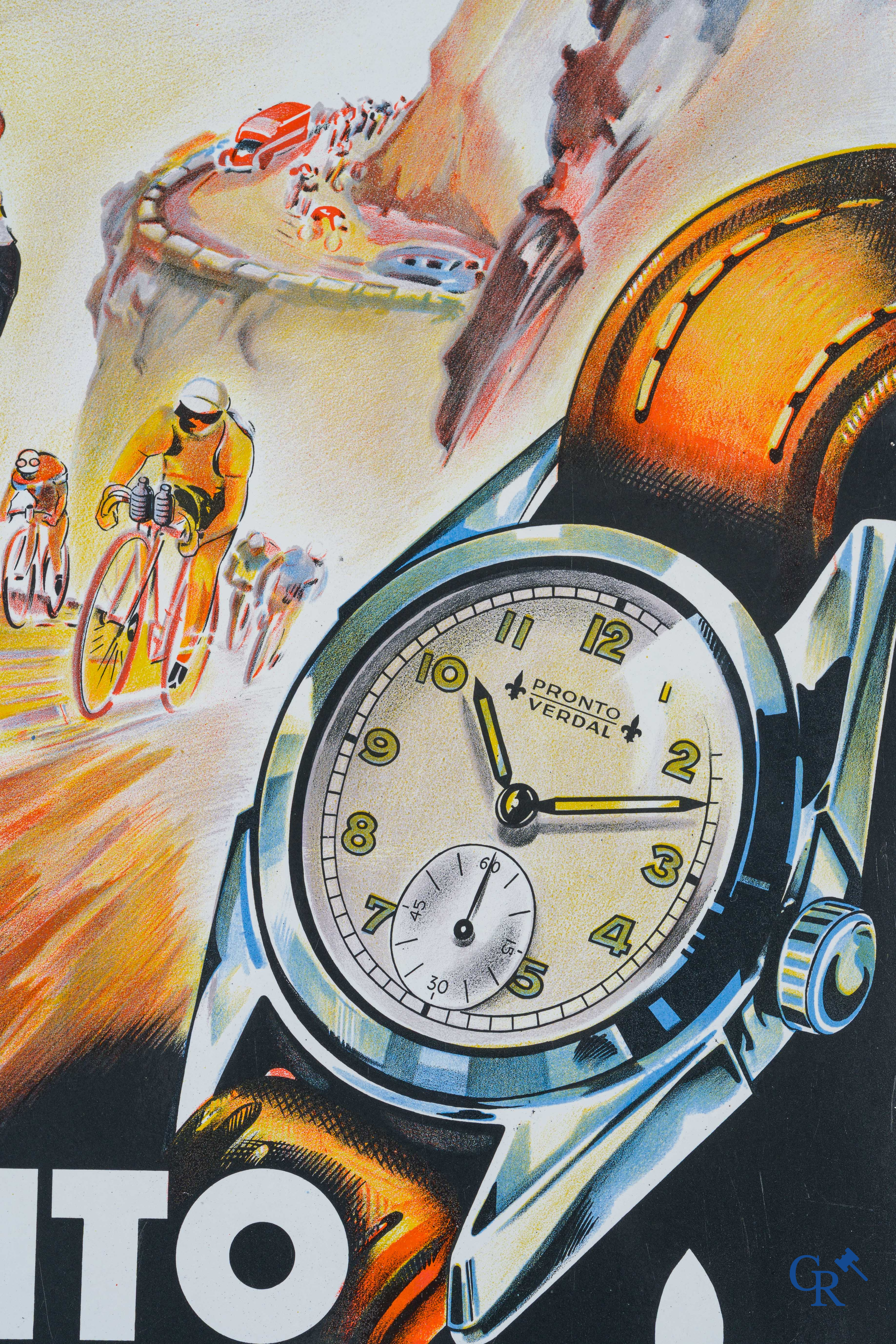 Pronto Verdal. Type "Tour de France" Enamel advertising sign for the watches of Pronto Watch Co. Emaillerie Belge 1949.
