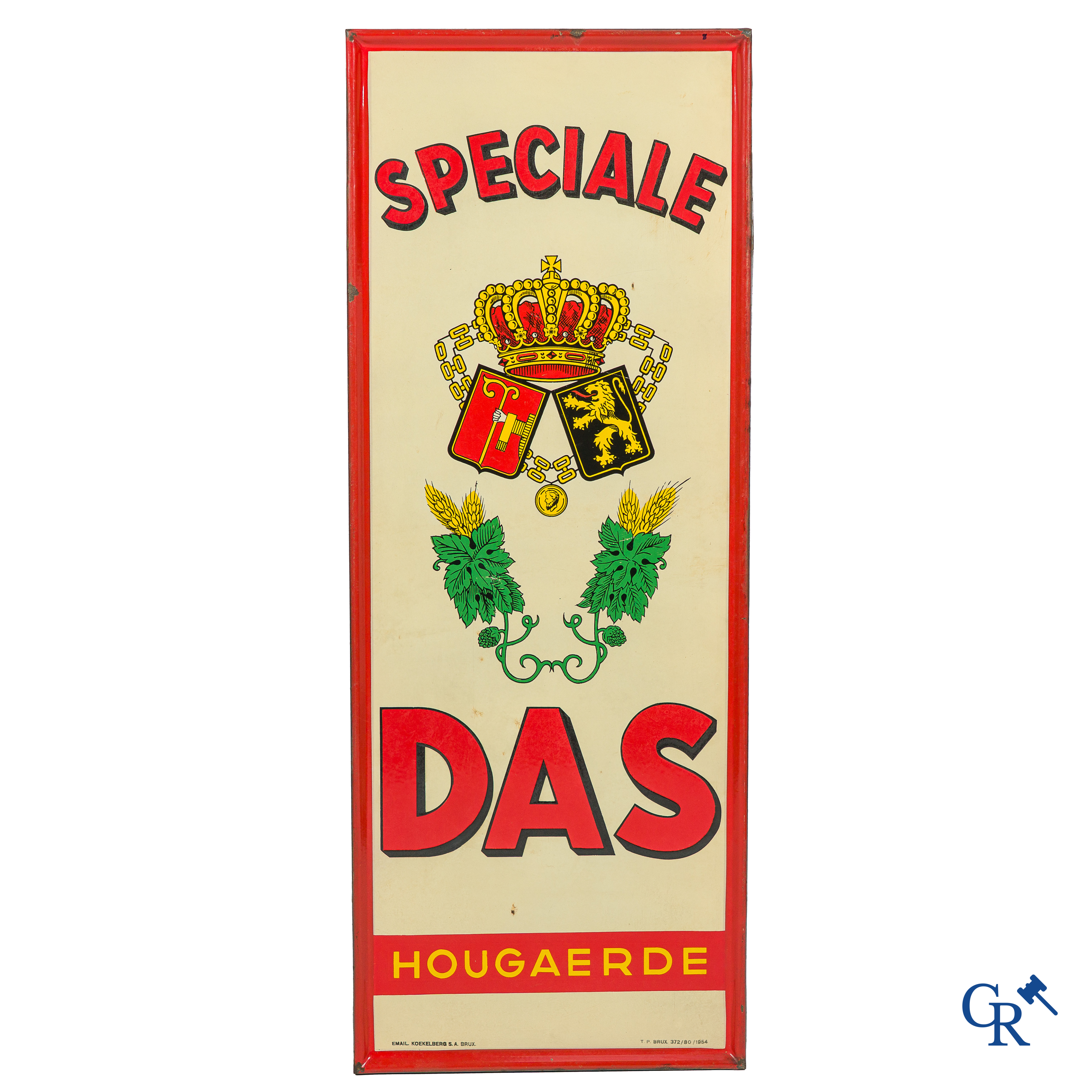 Speciale Das. Emaille reclamebord uit 1954 voor de Brouwerij van Hougaerde. Emaillerie Koekelberg.