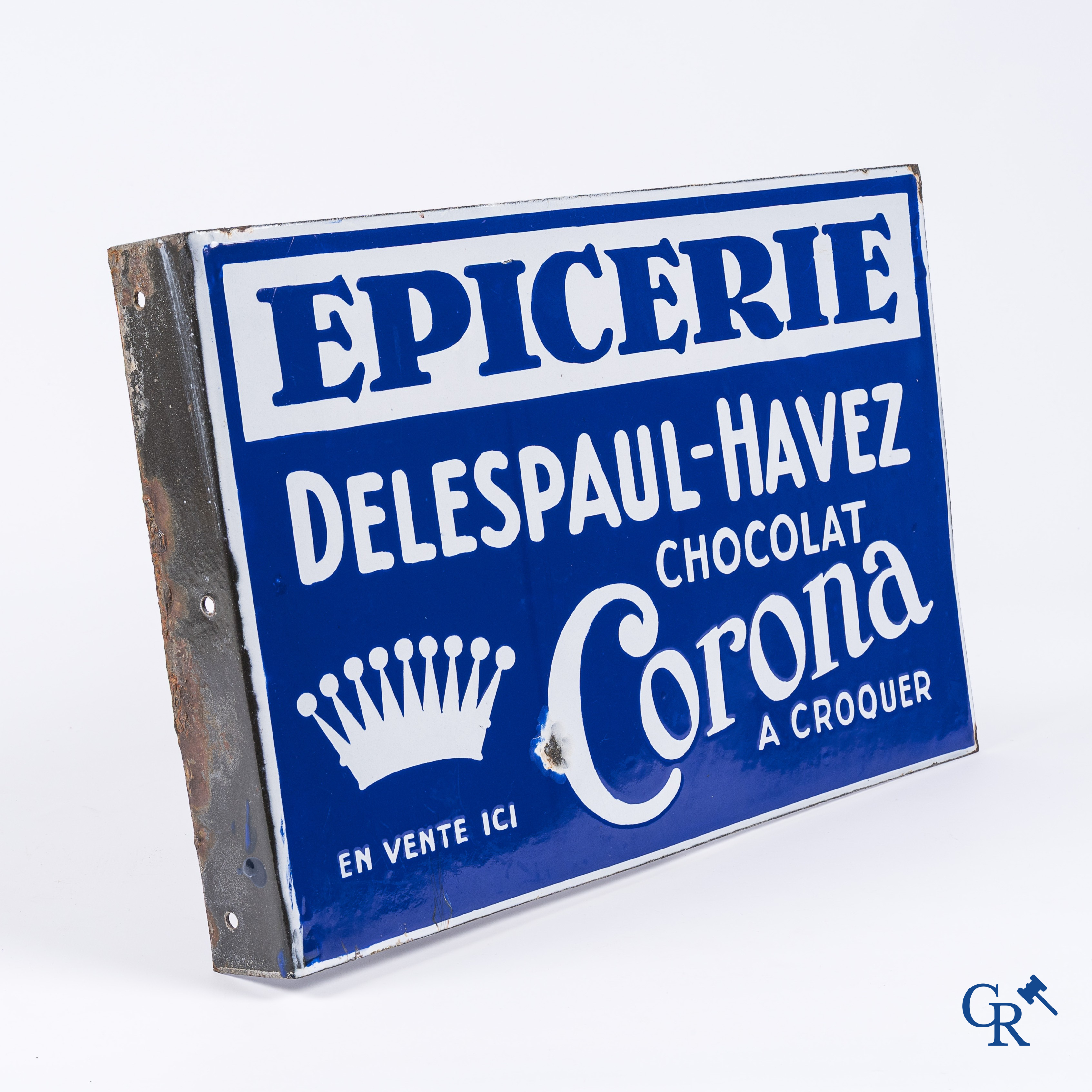 Chocolat Delespaul-Havez. Double-sided enamel advertising sign for a grocery store. Circa 1930.