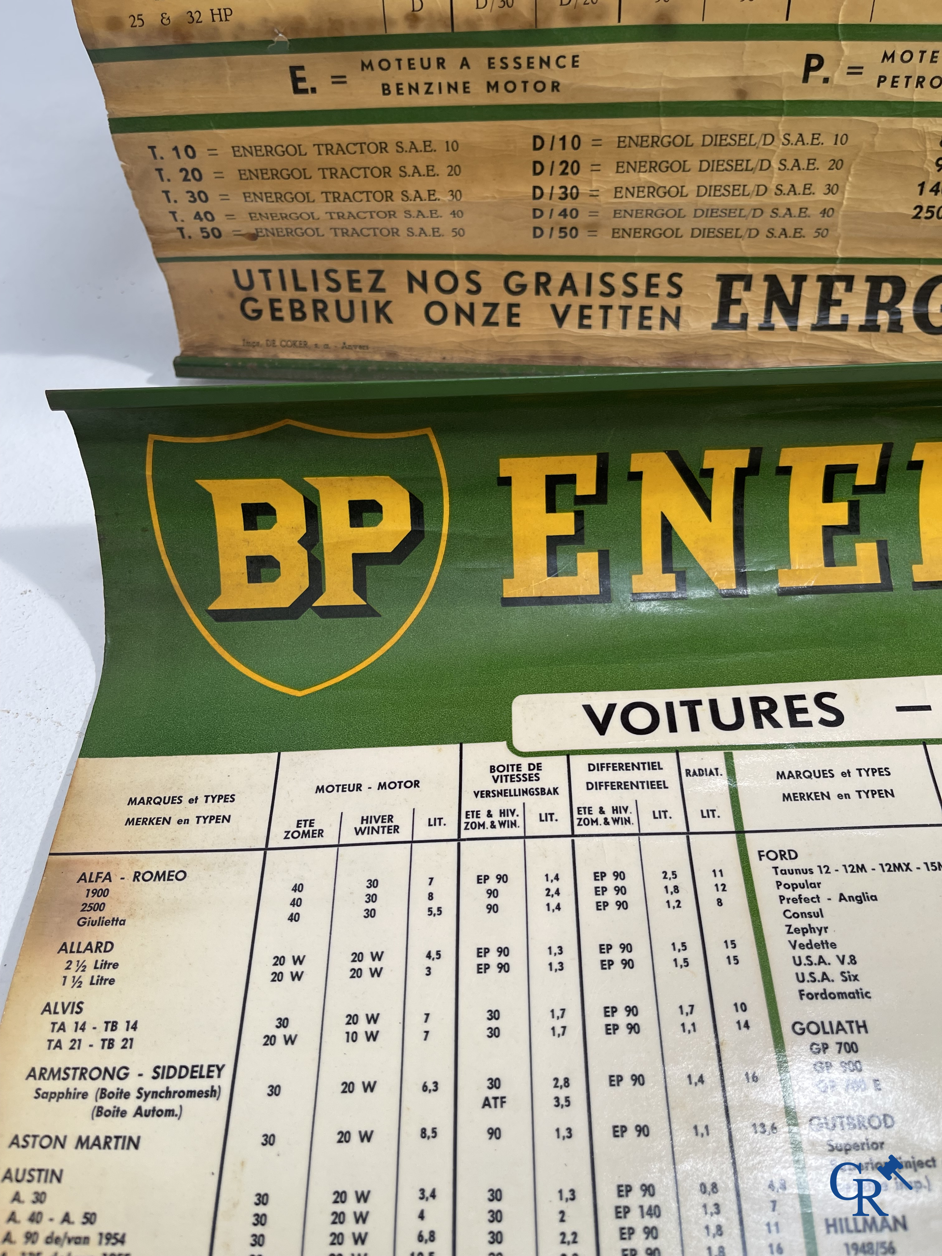 Automobilia. BP. Een kavel met BP oliekannen, oude smeertabellen en een outfit voor BP pomphouder. Jaren '40-'50-'60.