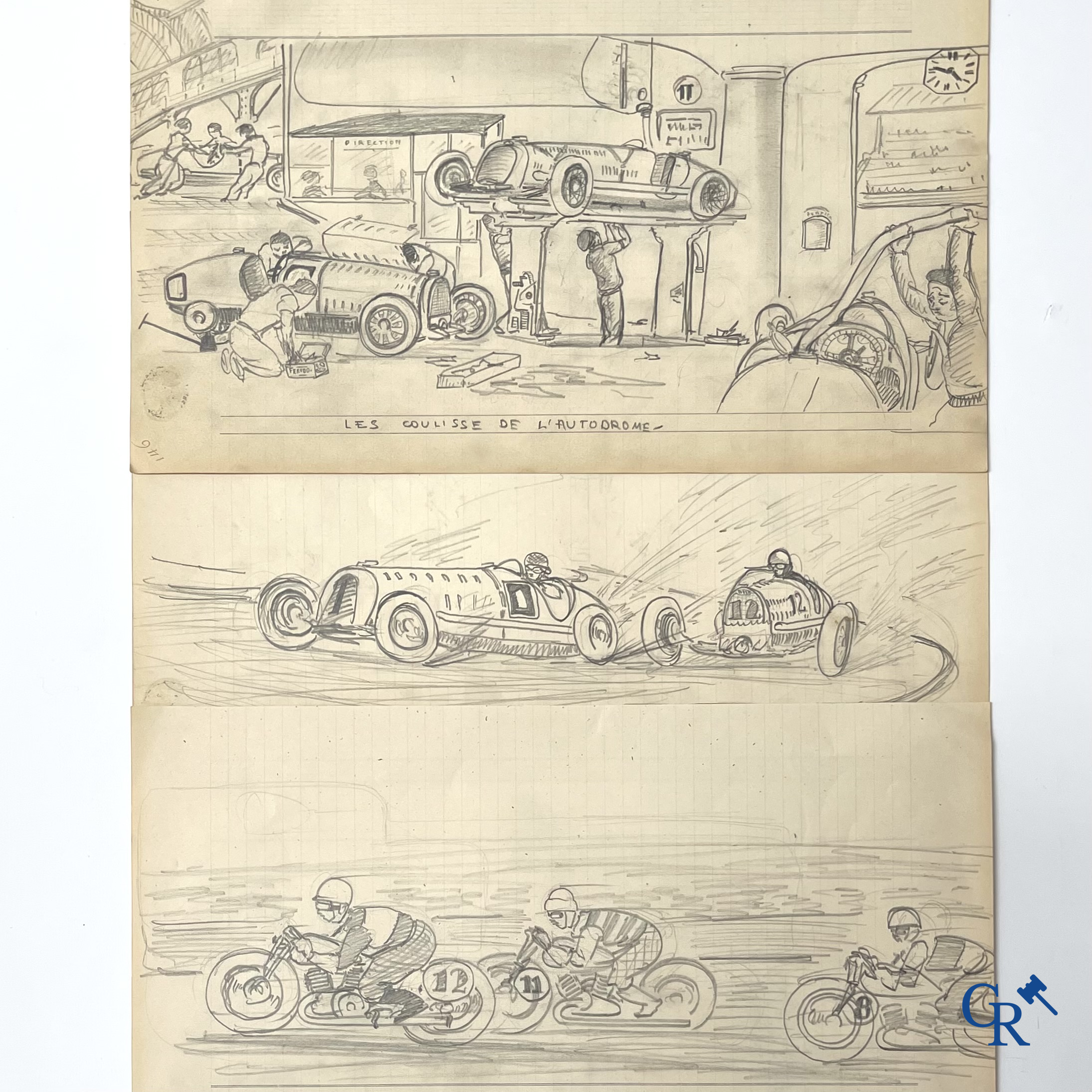 Georges M. Baltus (Kortrijk 1874-Overijse 1967) 3 Sketches relating to car and motorcycle racing. Circa 1930.
