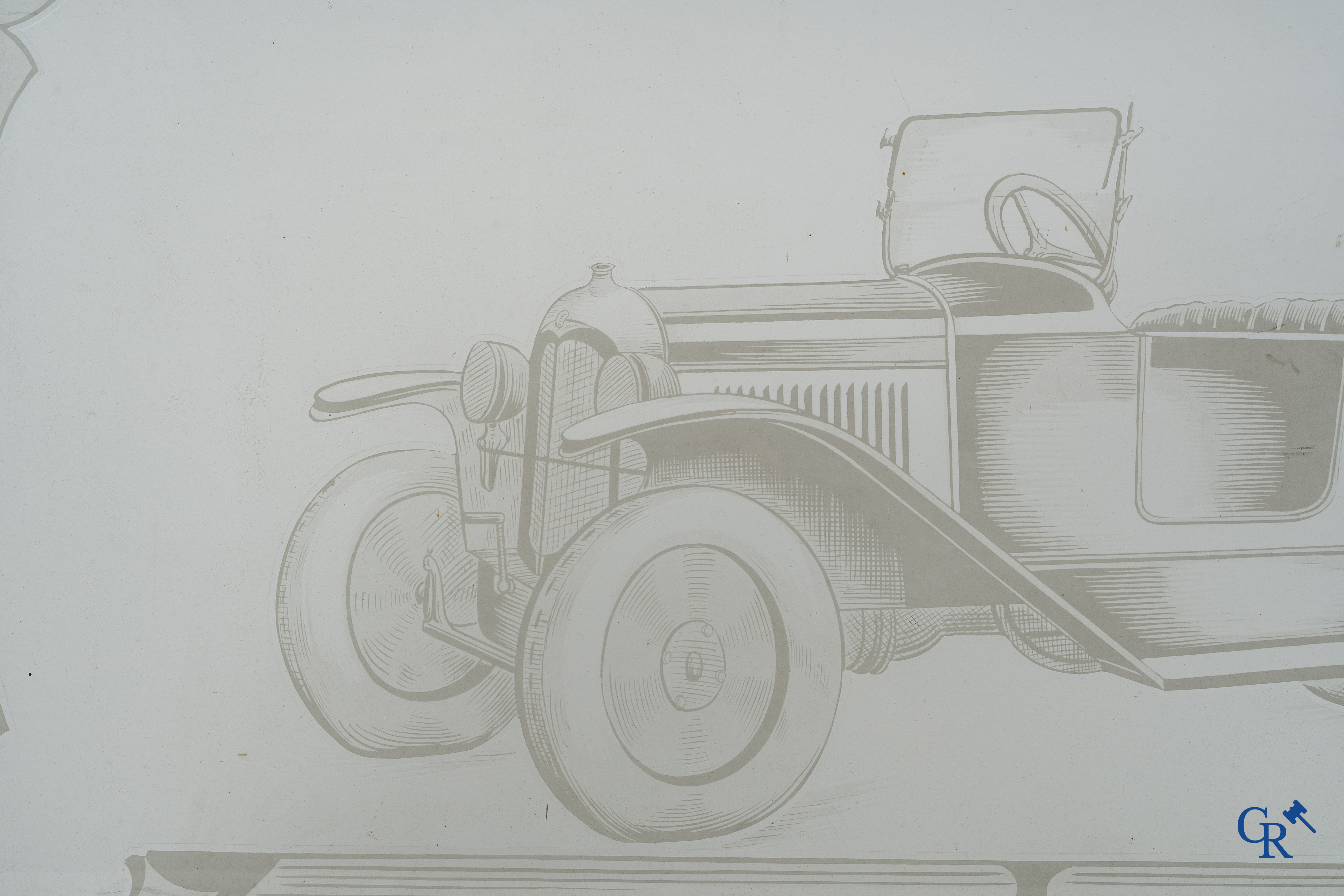 Automobilia. 2 old etched windows in oak frame depicting a Citroën Torpedo and a Berliet van. Circa 1925-1930.