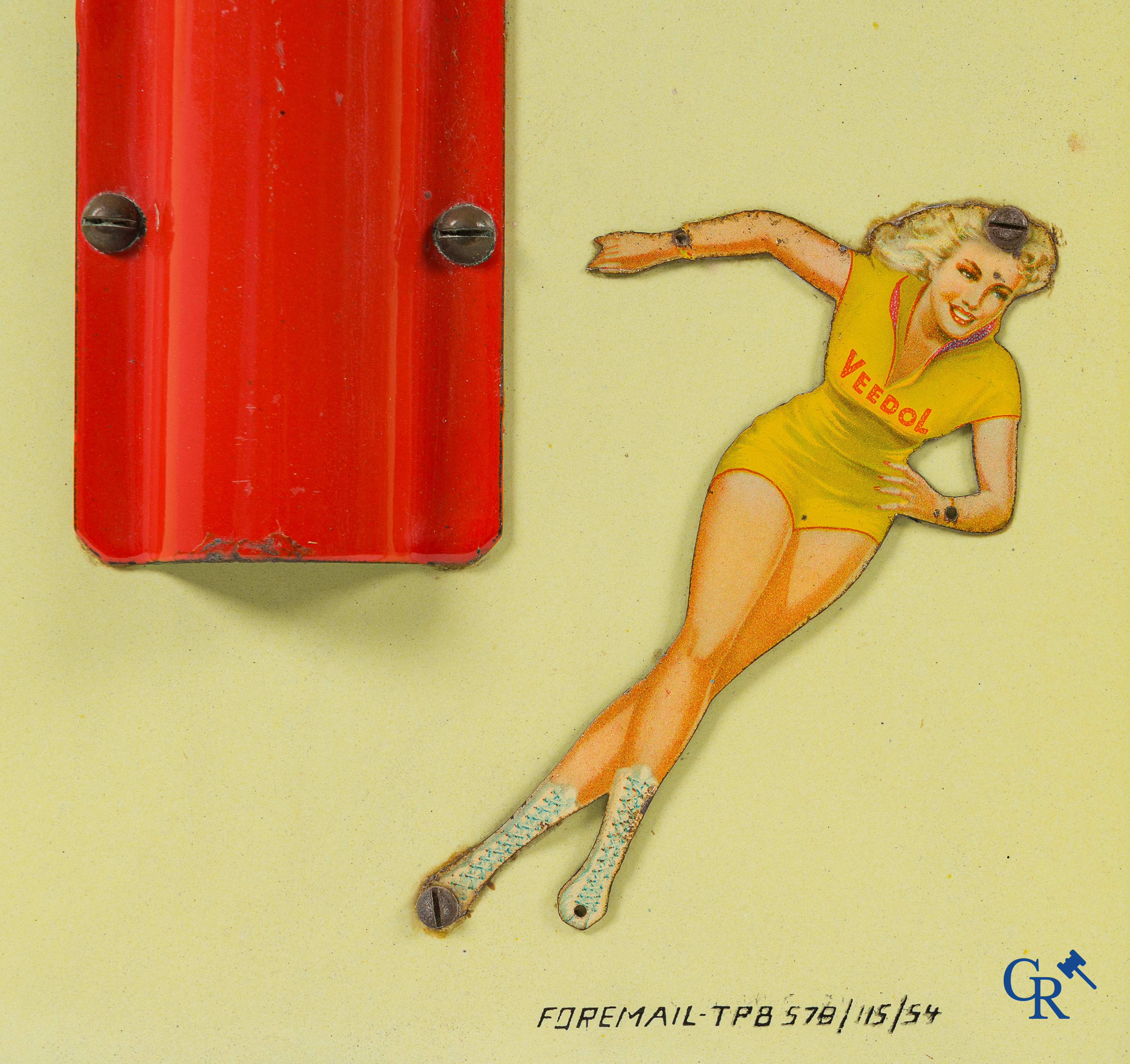 Veedol motor oil. Important publicity thermometer with original screwed Pin-up. Foremail 1954.