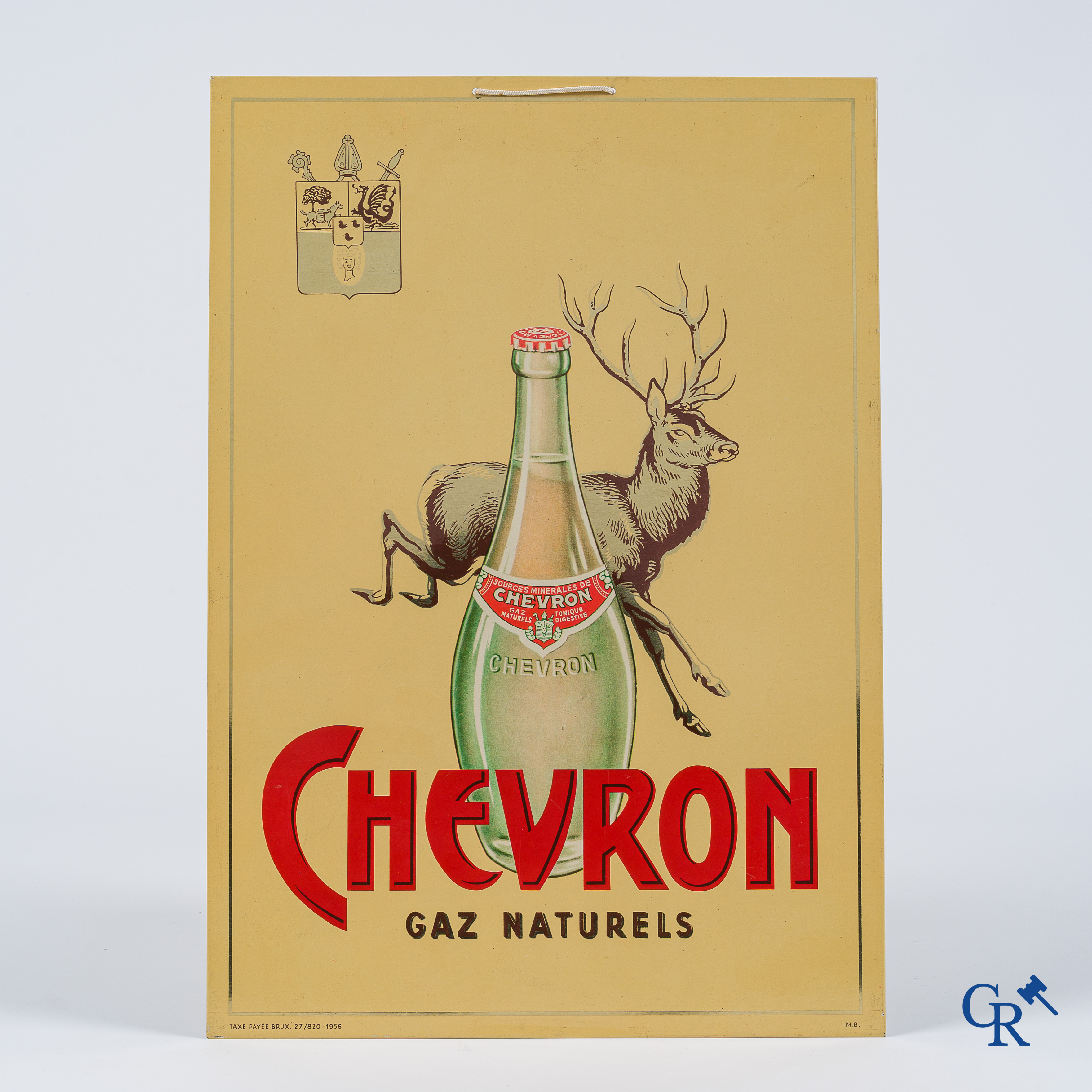 Chevron, Gaz naturels. Advertising sign in printed metal for Chevron's mineral resources. Taxe Payée Bruxelles 1956.