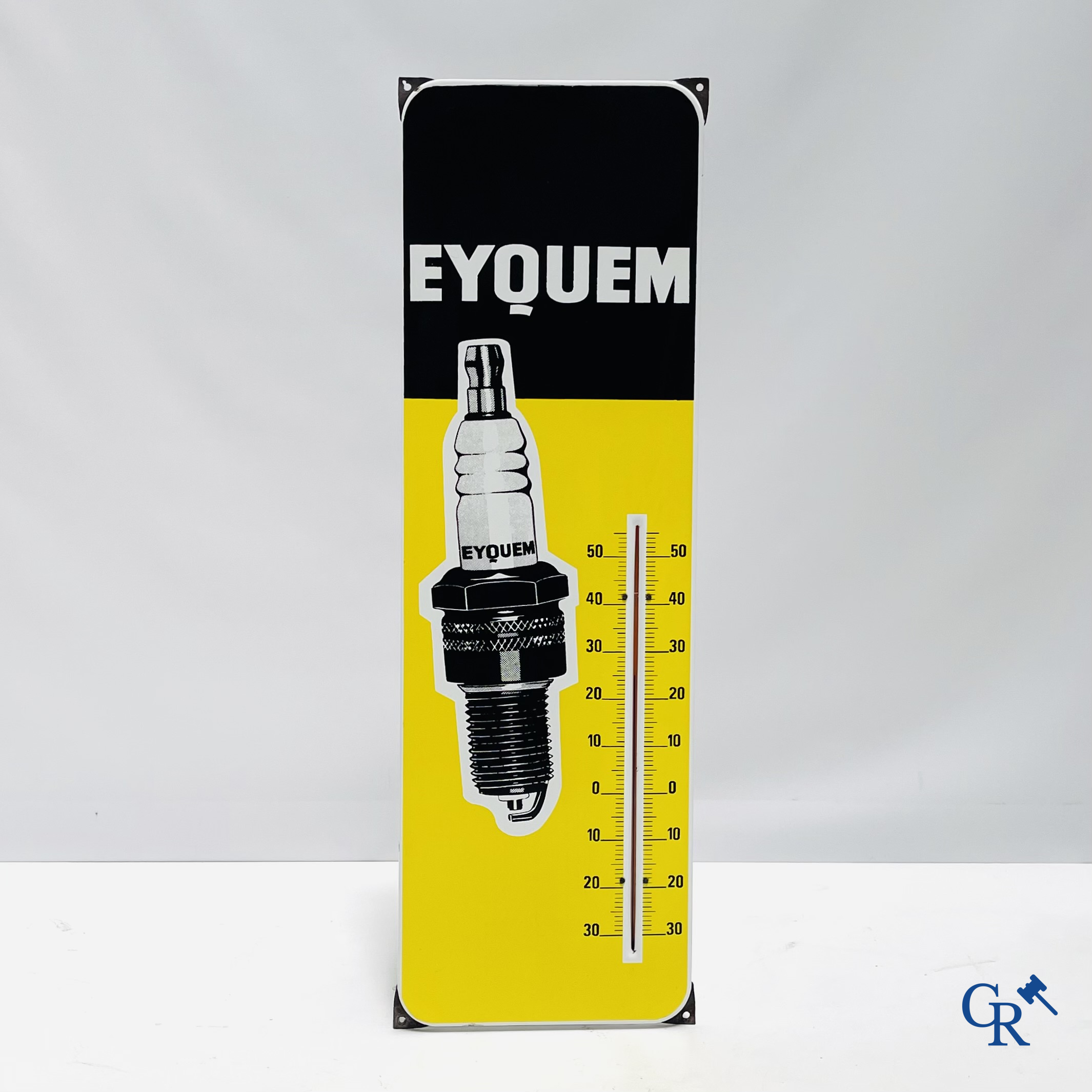 Bougies Eyquem, spark plugs, enamel advertising sign with integrated thermometer. 1960's.