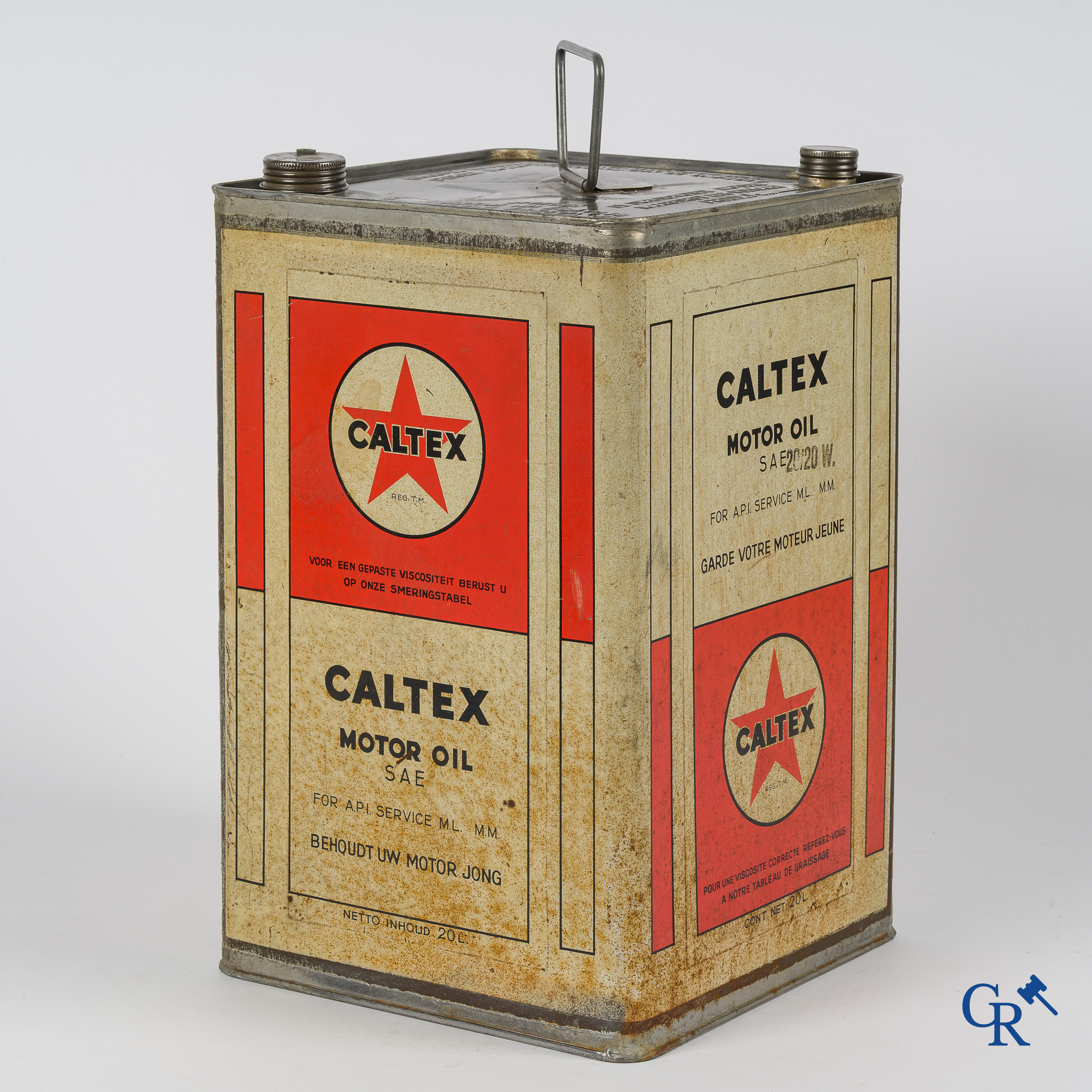 Caltex Motor Oil, Large oil can, 20L. Rare Belgian version. "Keeps your engine young". 1940's.