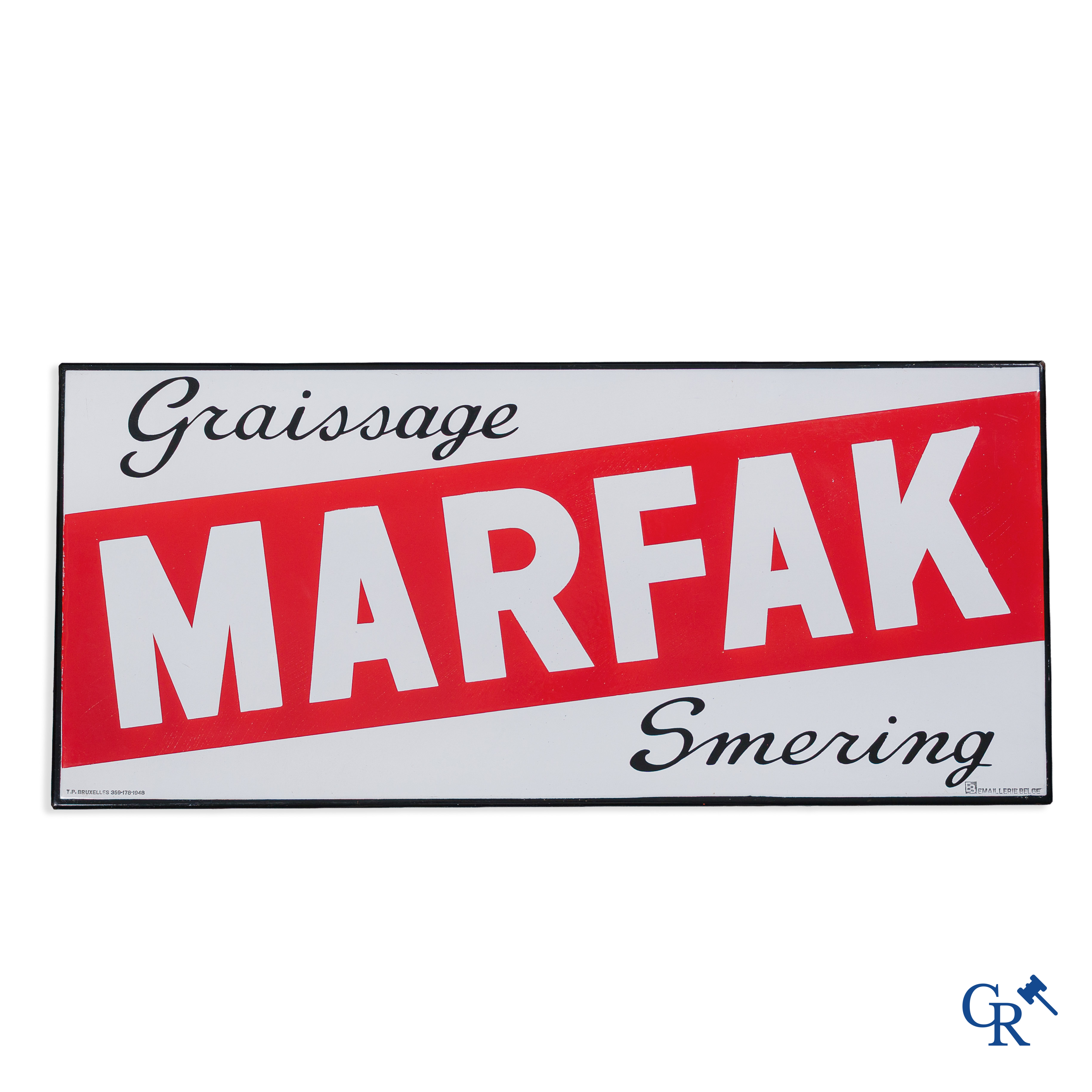 Marfak, Graissage - Lubrication. Double-sided enamel advertising sign for the Marfak products from Caltex. 1948.