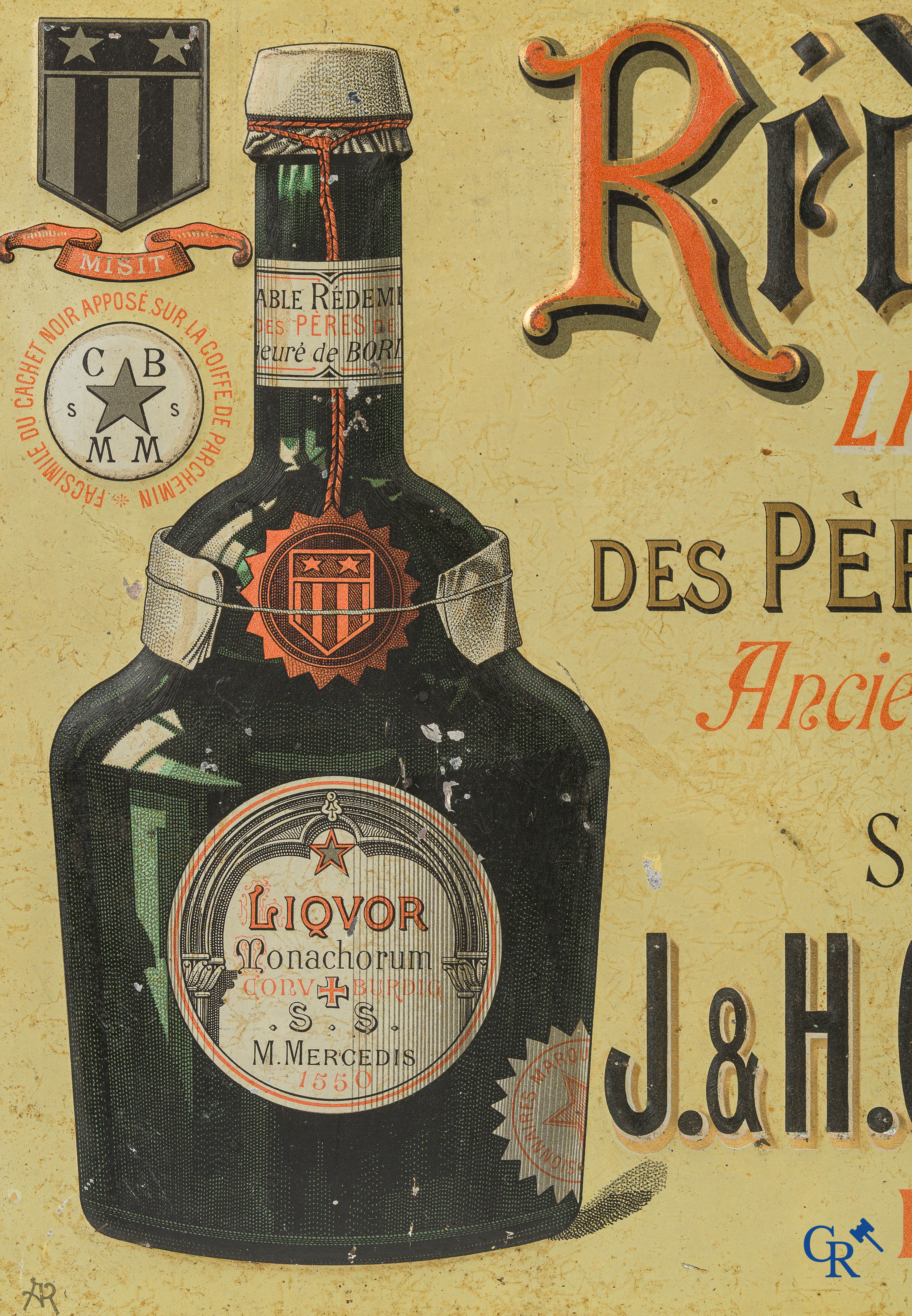 J&H Garres-Fourché. Rédemptine, Liqueur-Elixir des Pères de la Mercy. Publicity in embossed metal. Circa 1910-1920.