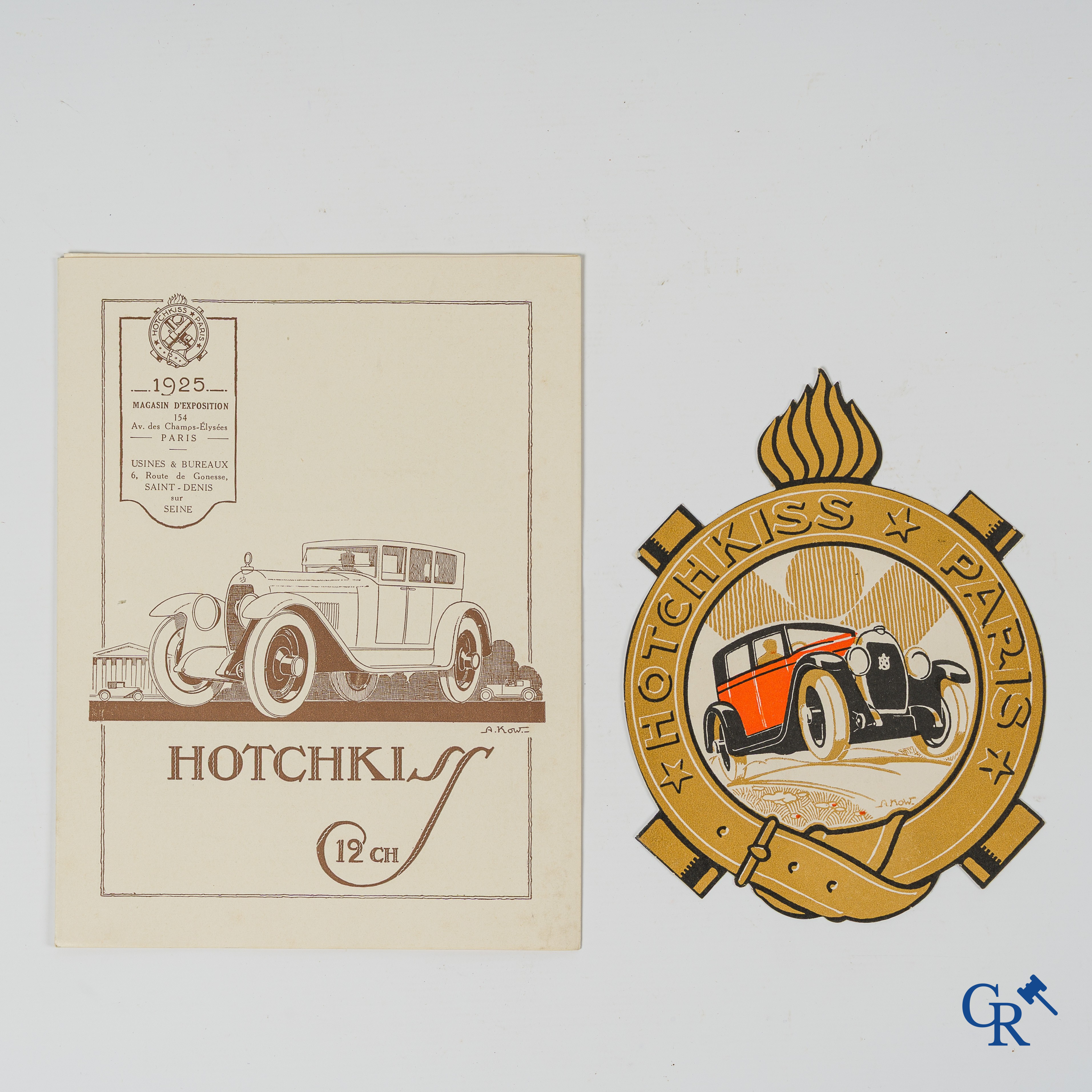 Alexis Kow for Hotchkiss. Publicity brochure with price list for the Hotchkiss 12 CH and an emblem. 1925.