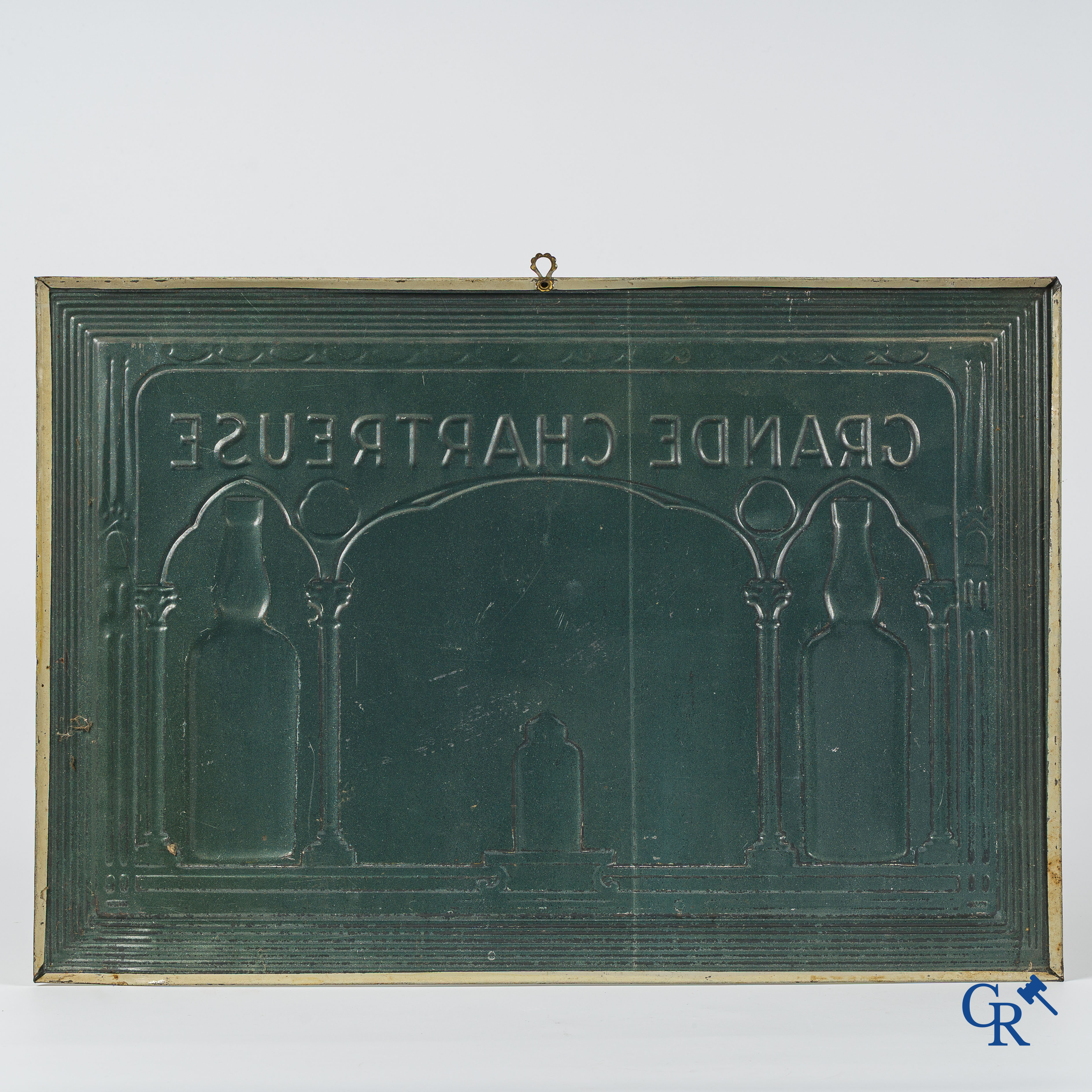L. Garnier. Publicity sign in painted metal for the Liqueurs & Elixir de la Grande Chartreuse.