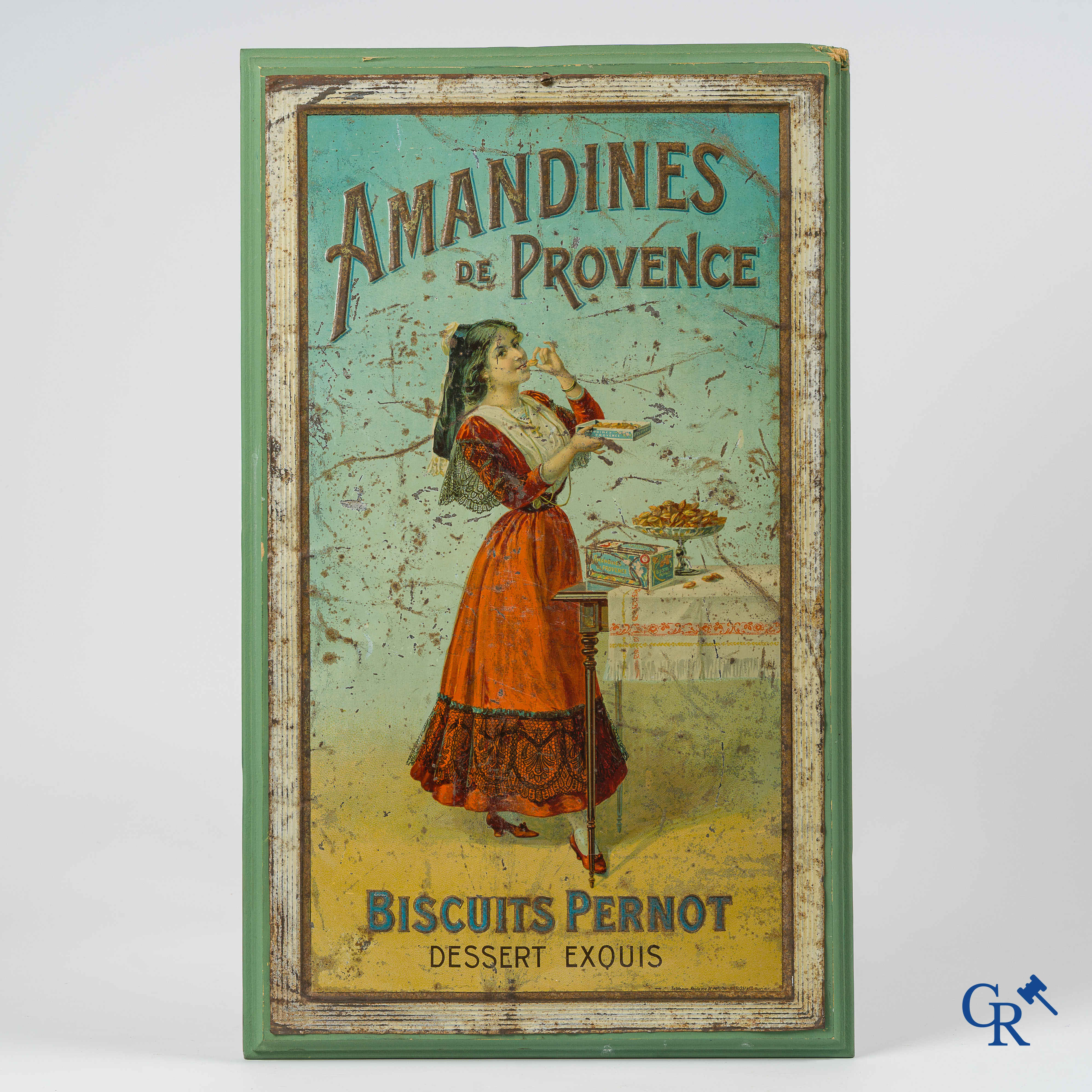 Amandines de Provence. Biscuits Pernot, dessert exquis. Rare publicity in painted metal. Circa 1910.