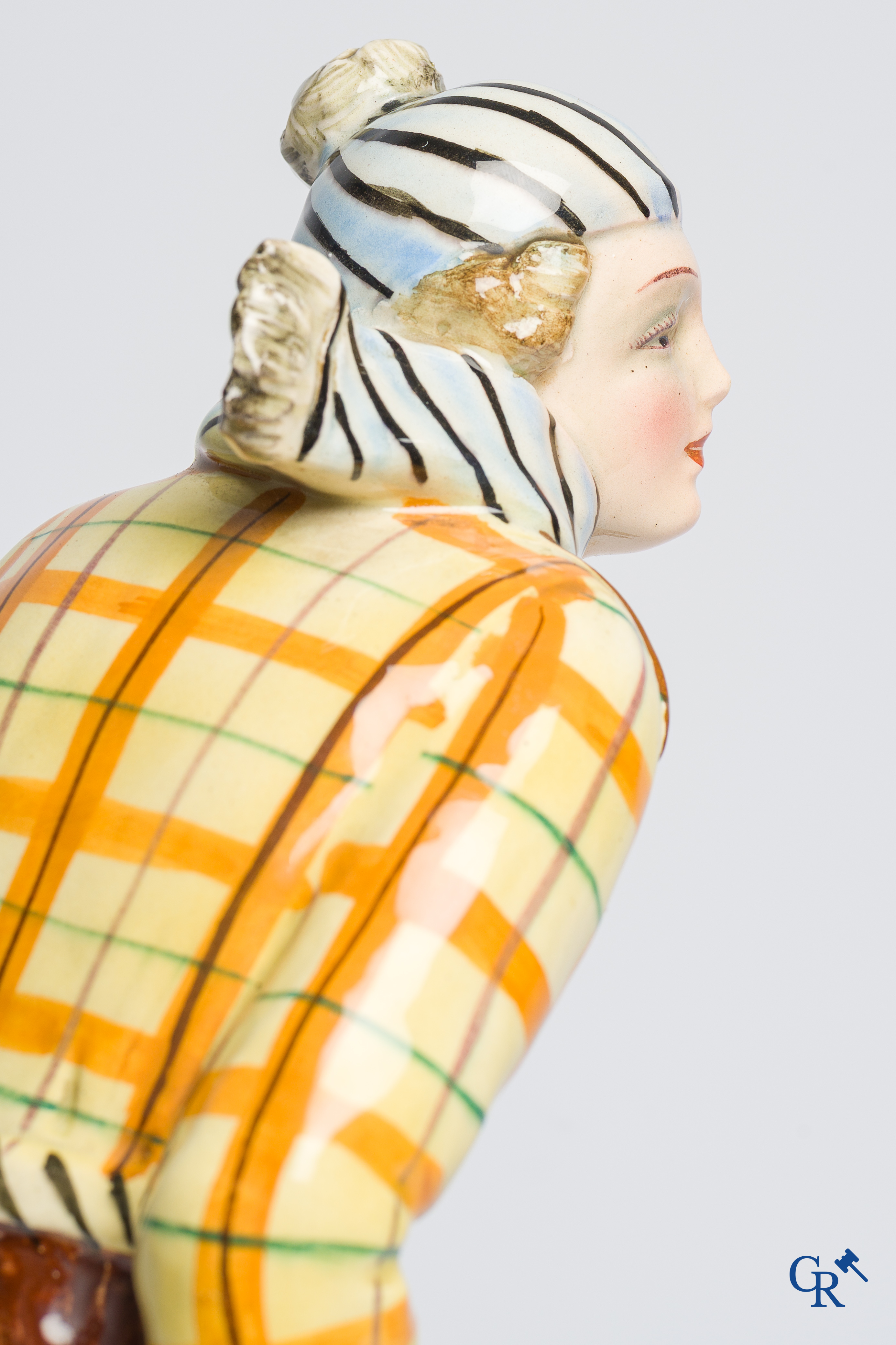 Art Deco, Hertwig and Company, Katzhütte, Thüringen. Skier in fine polychrome and glazed pottery. Circa 1930.