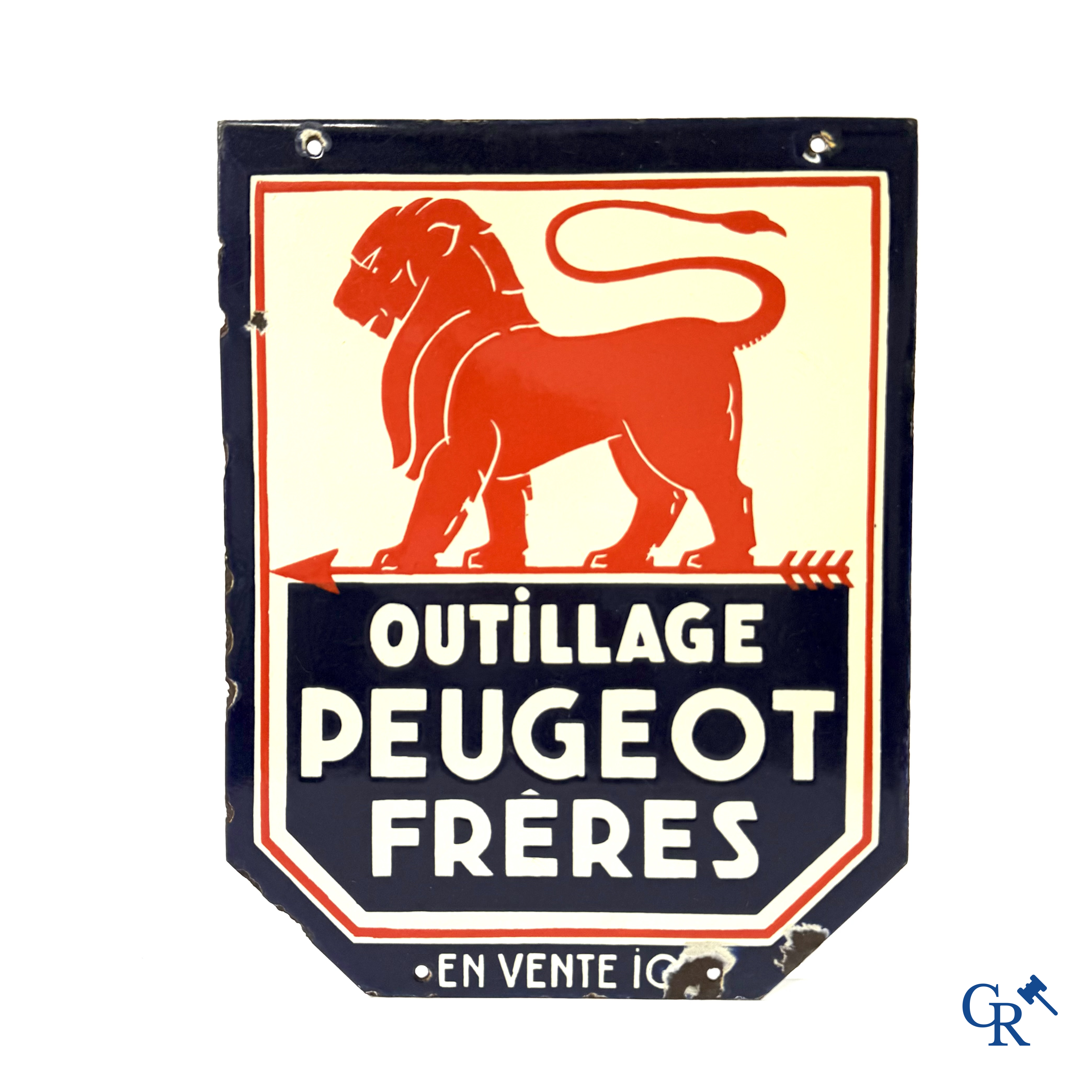 Peugeot frères, double-sided enamelled advertising sign for Peugeot. 1930's.