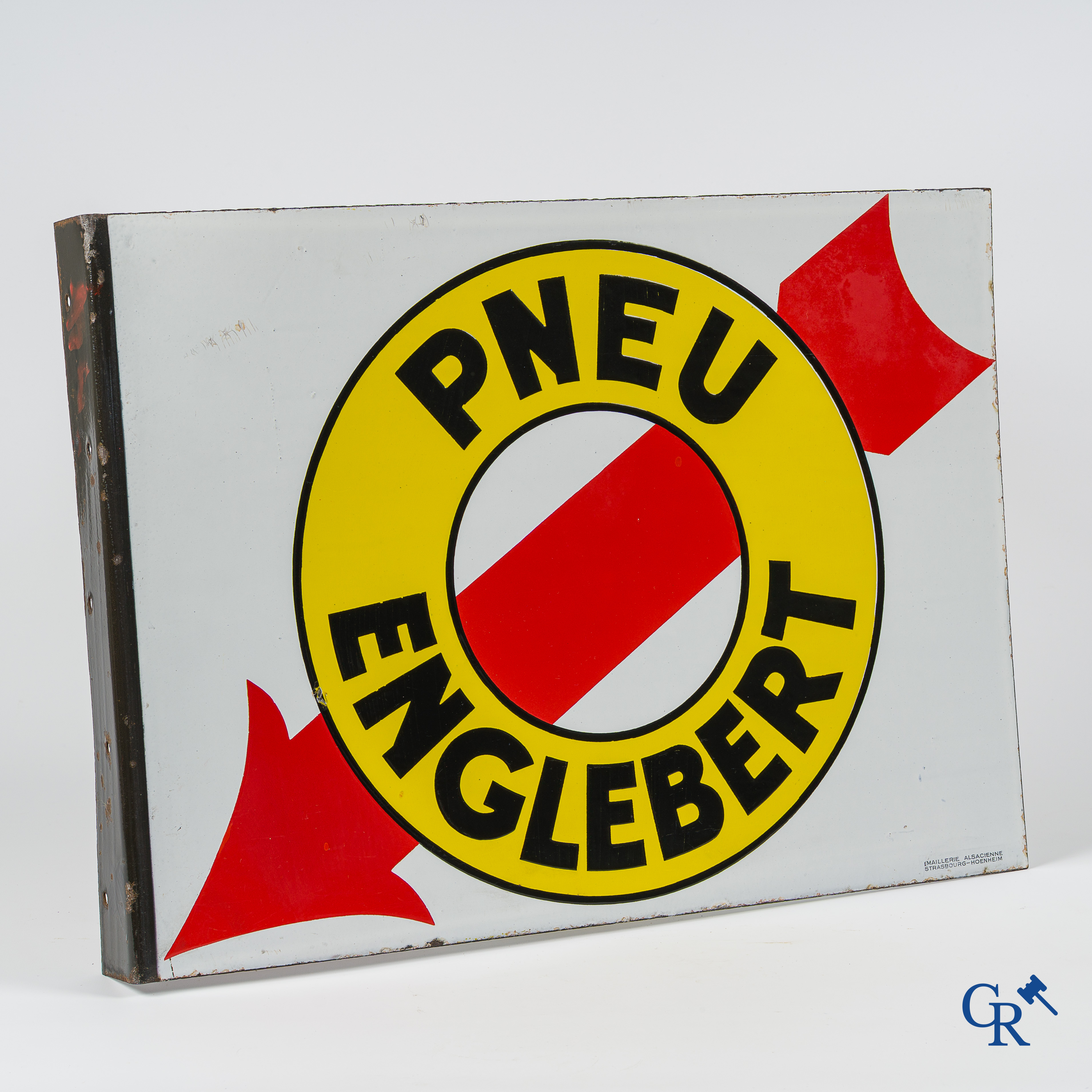 Pneu Englebert. Double-sided enamelled advertising sign for car tyres of the Englebert brand. 1940's.