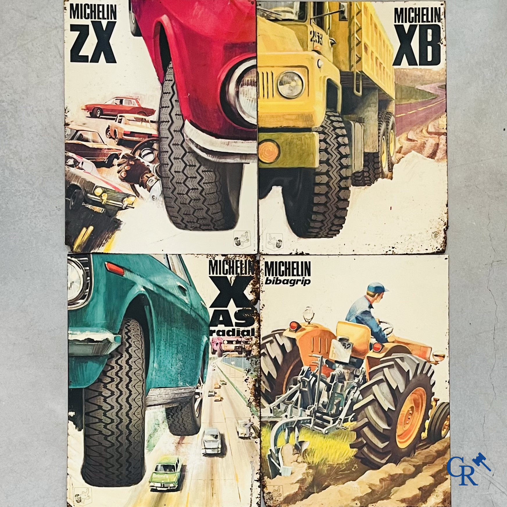 Michelin, Clermont Ferrand. A set of 4 metal advertising signs for Michelin tyres.