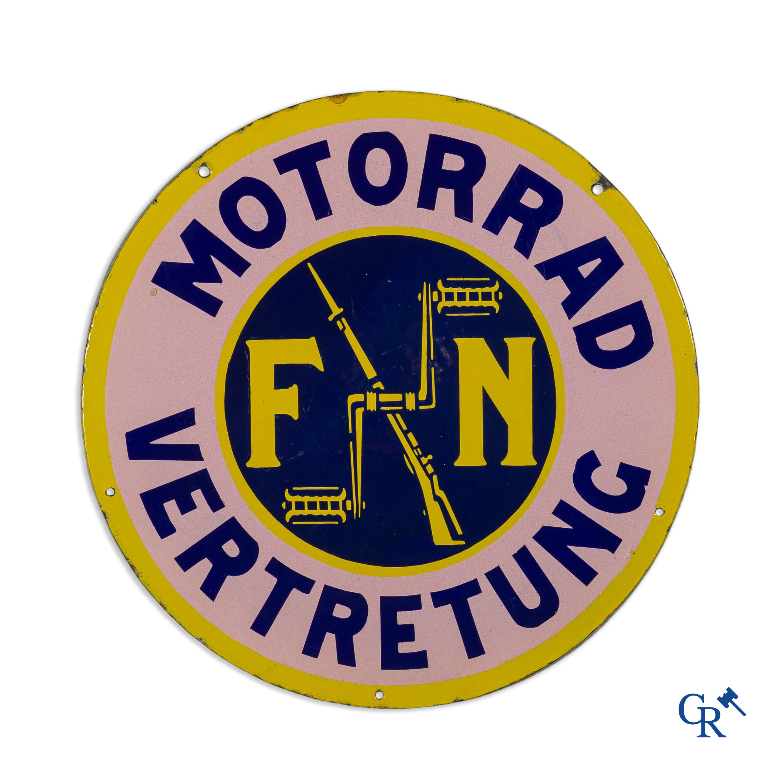 Fabrique Nationale Herstal. Double-sided enamel signboard in German version for motorcycles FN. Circa 1910-1920.