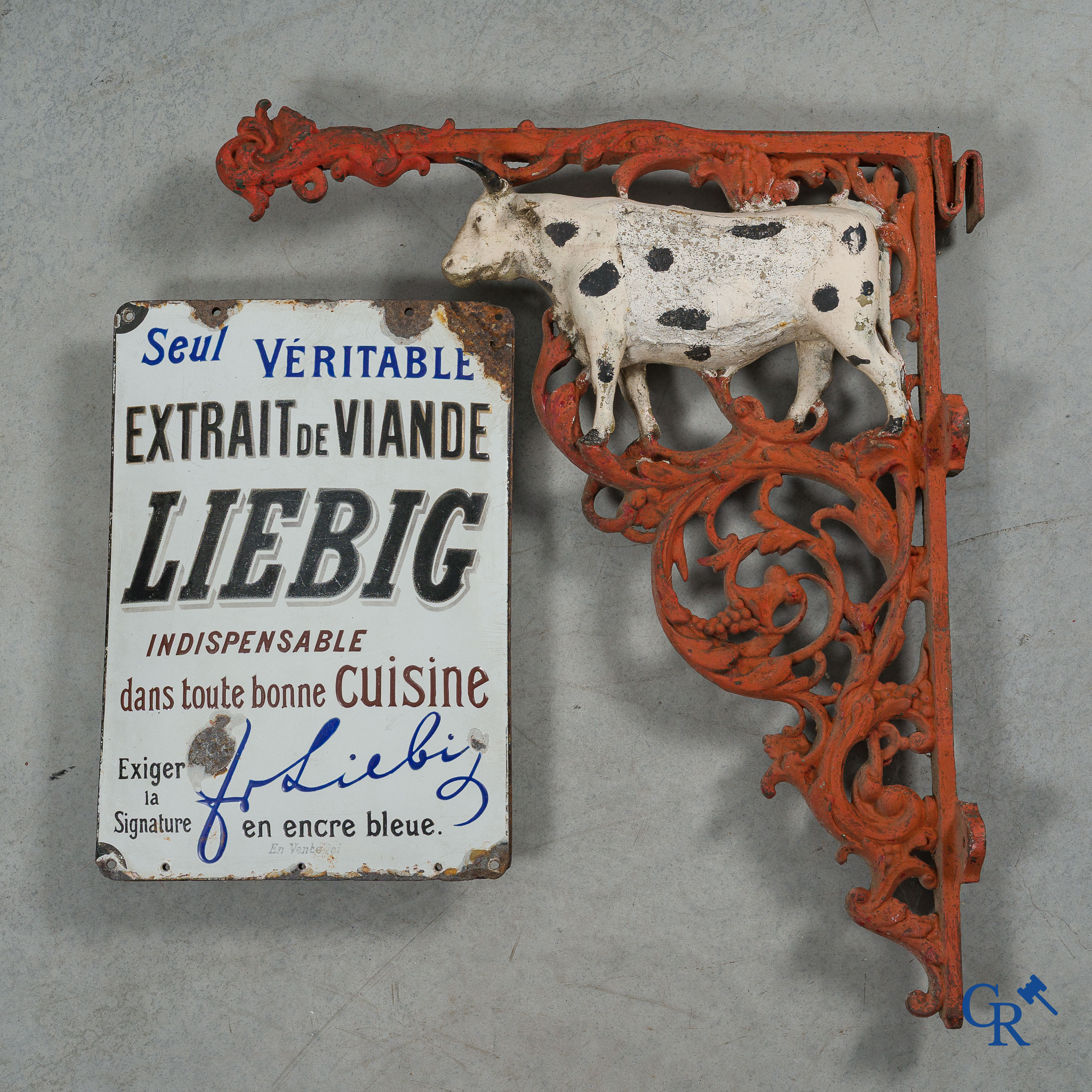 Liebig, Rare set of 2 enamel advertising signs suspended from a cast iron ox-shaped bracket. Around 1900.