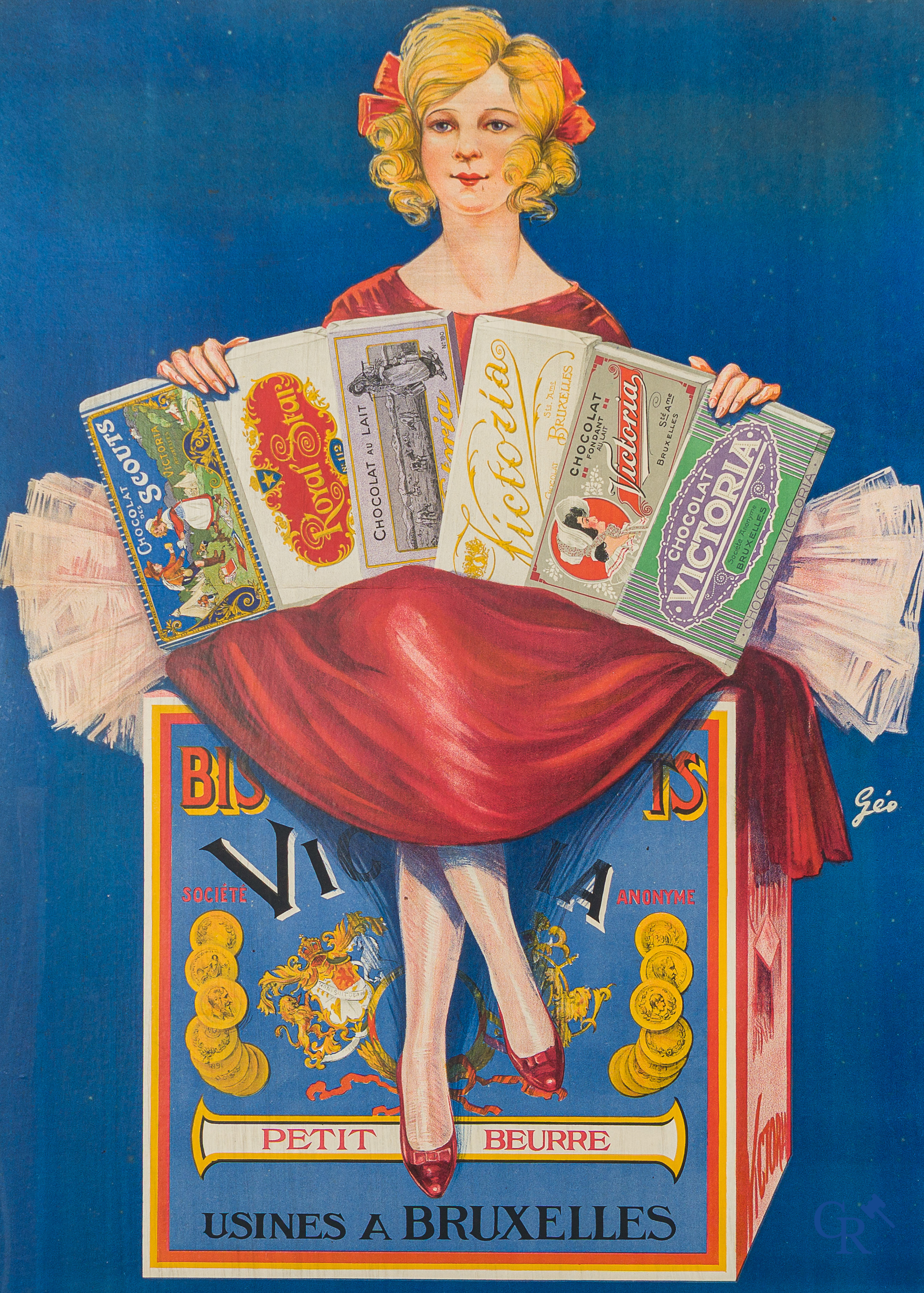 Géo. Large framed publicity on cardboard for the products of the S.A. Victoria in Brussels.