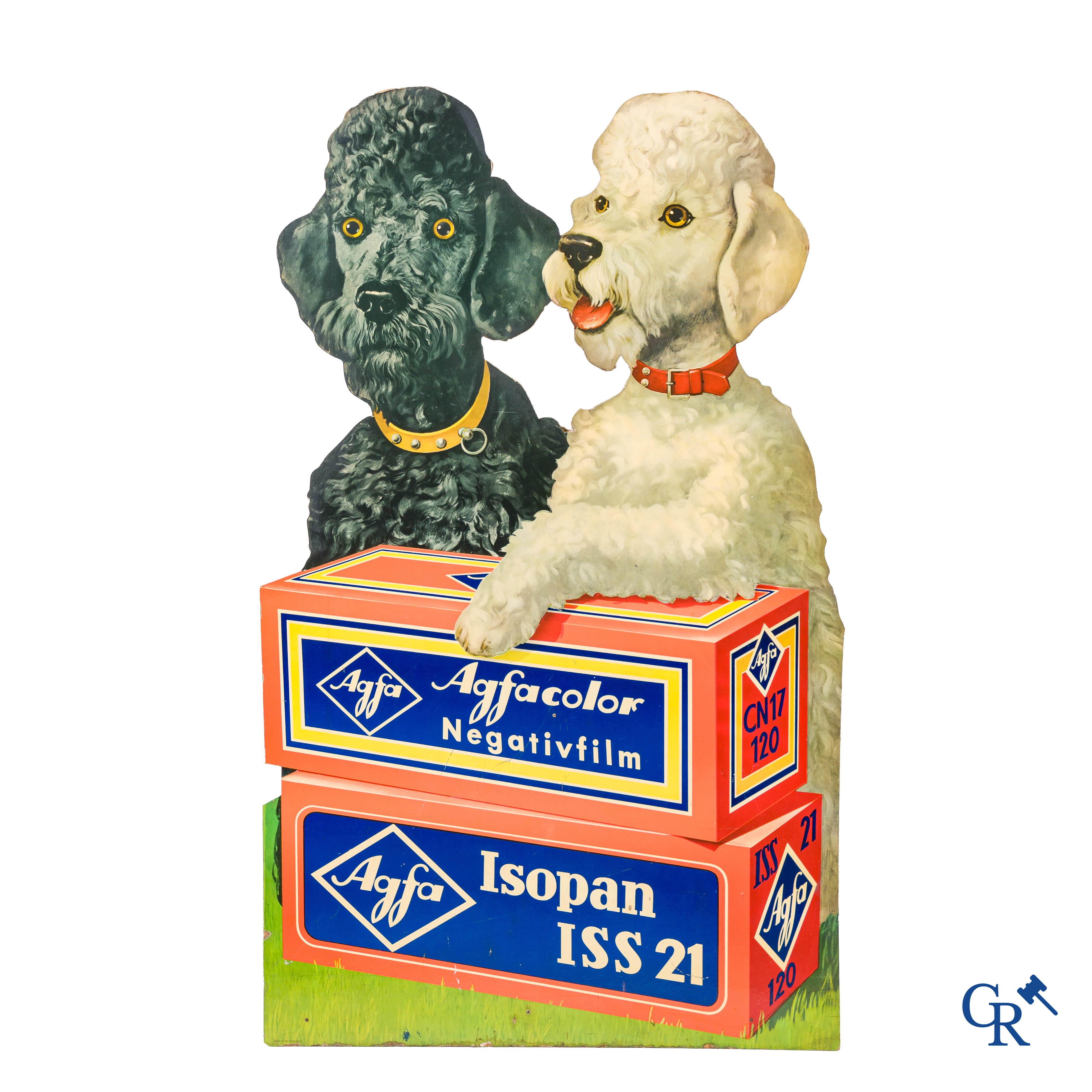 Agfa, Publicity Panel with a black and a white poodle for Agfacolor Negativfilm and Isopan. paper on plywood.