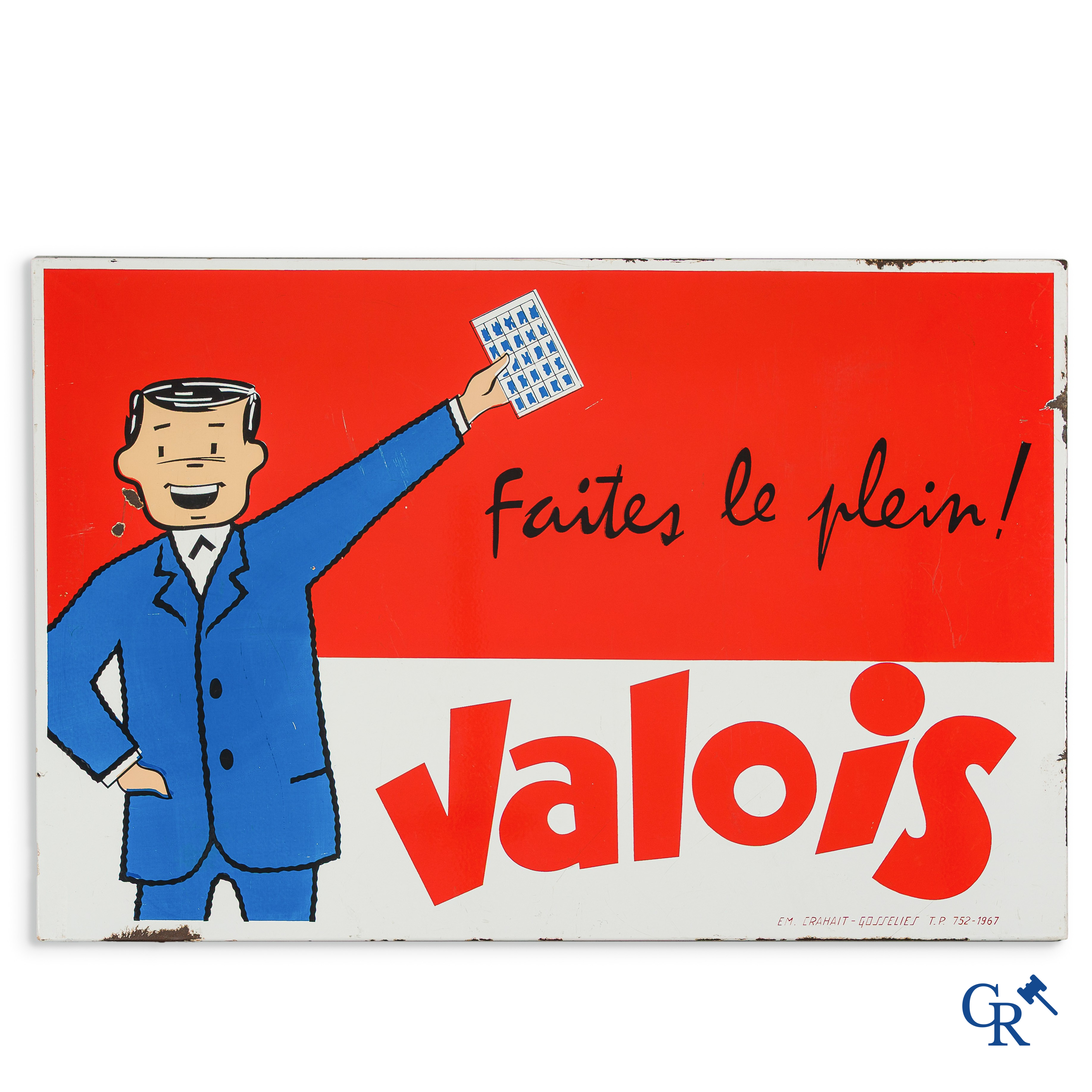 Valois, Faites le plein! Enamel advertising sign for the Valois savings stamps at a refuelling. 1967.