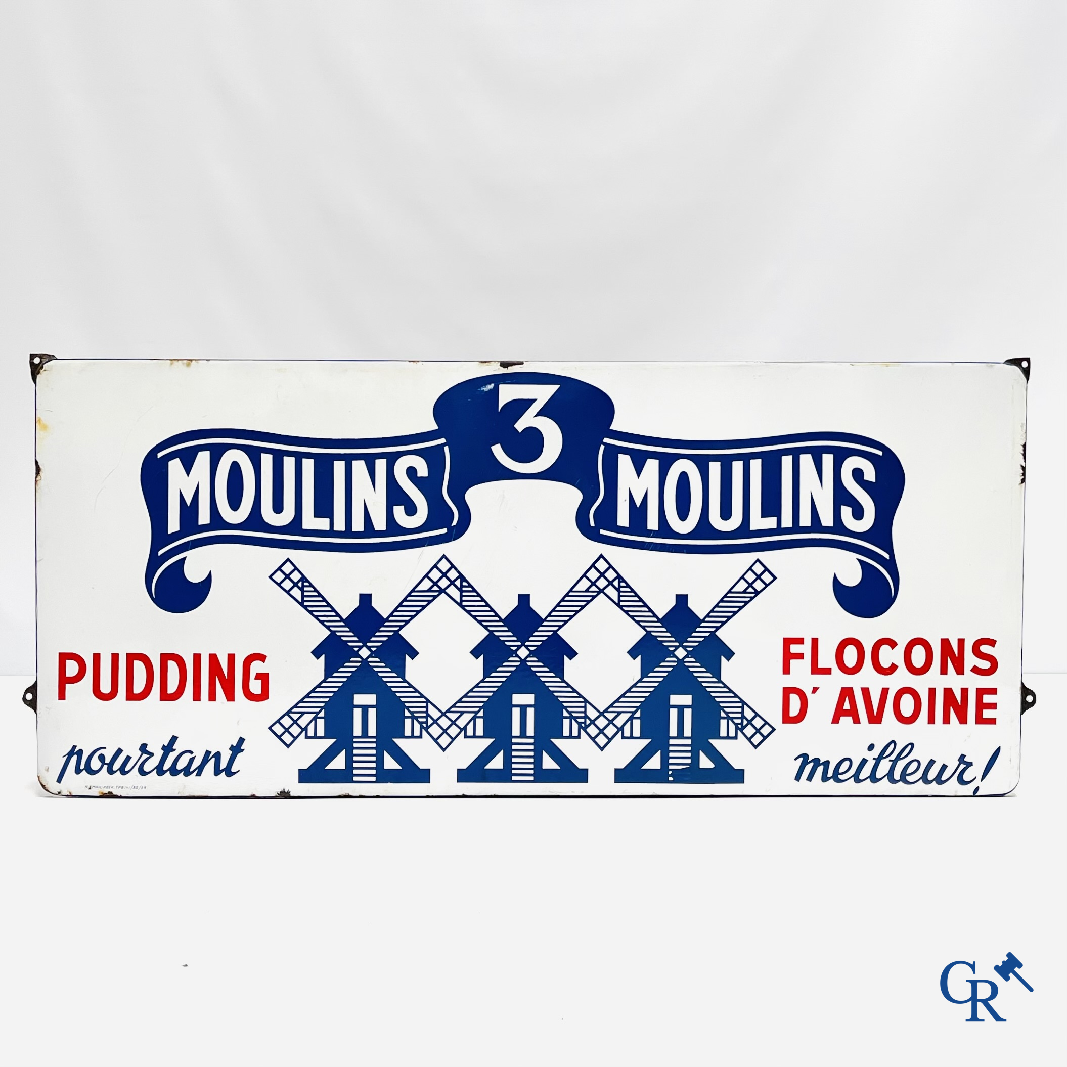 The 3 Windmills, enamel advertising sign for the pudding and oatmeal products from the Belgian producer Les 3 Moulins. 
