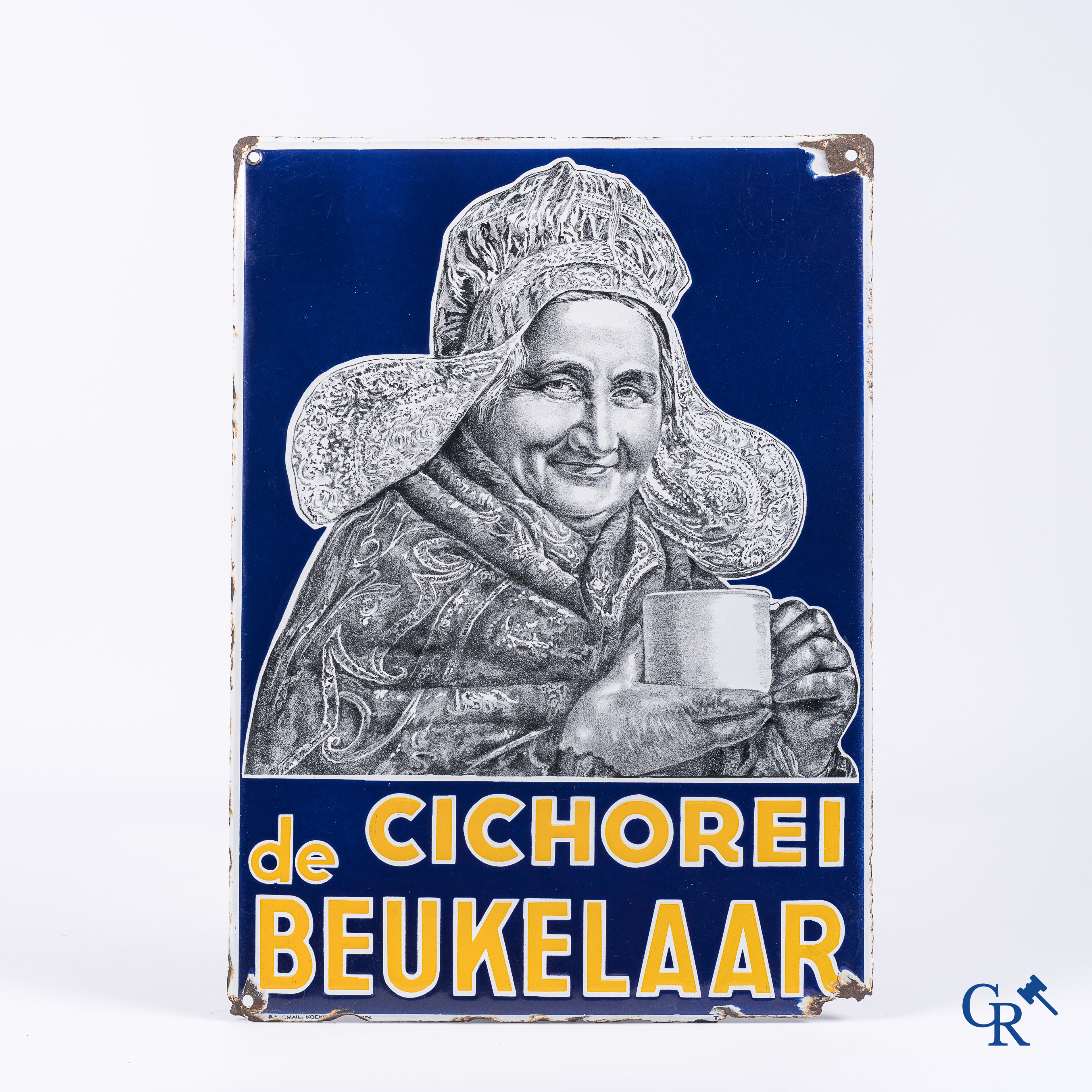 Cichorei De Beukelaar. Enamel advertising sign with dark blue background. S.A. enamel Koekelberg. 1930's.