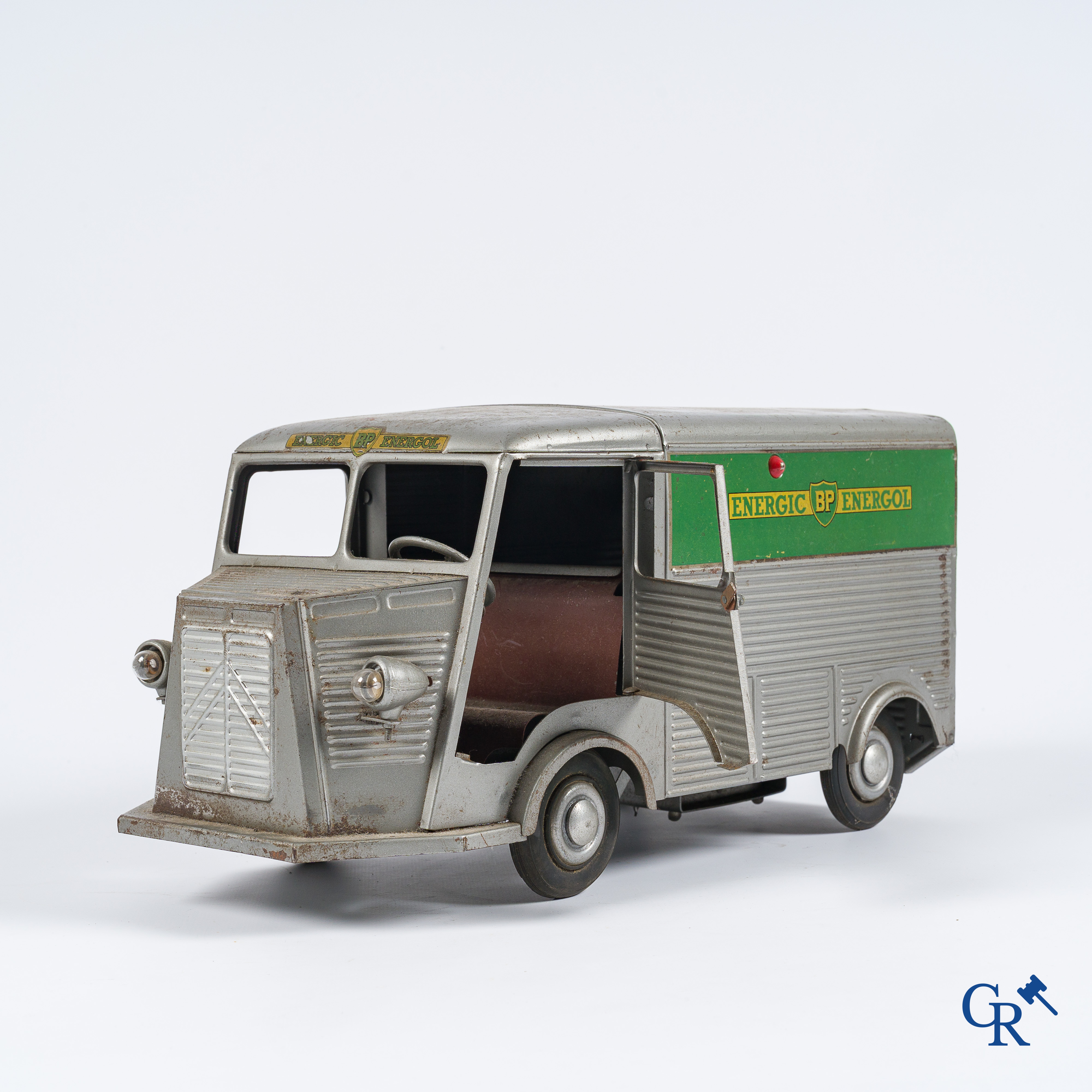 JRD, Made in France. Citroën Type H in grey lacquered metal with publicity for Energic BP Energol. 1950's.