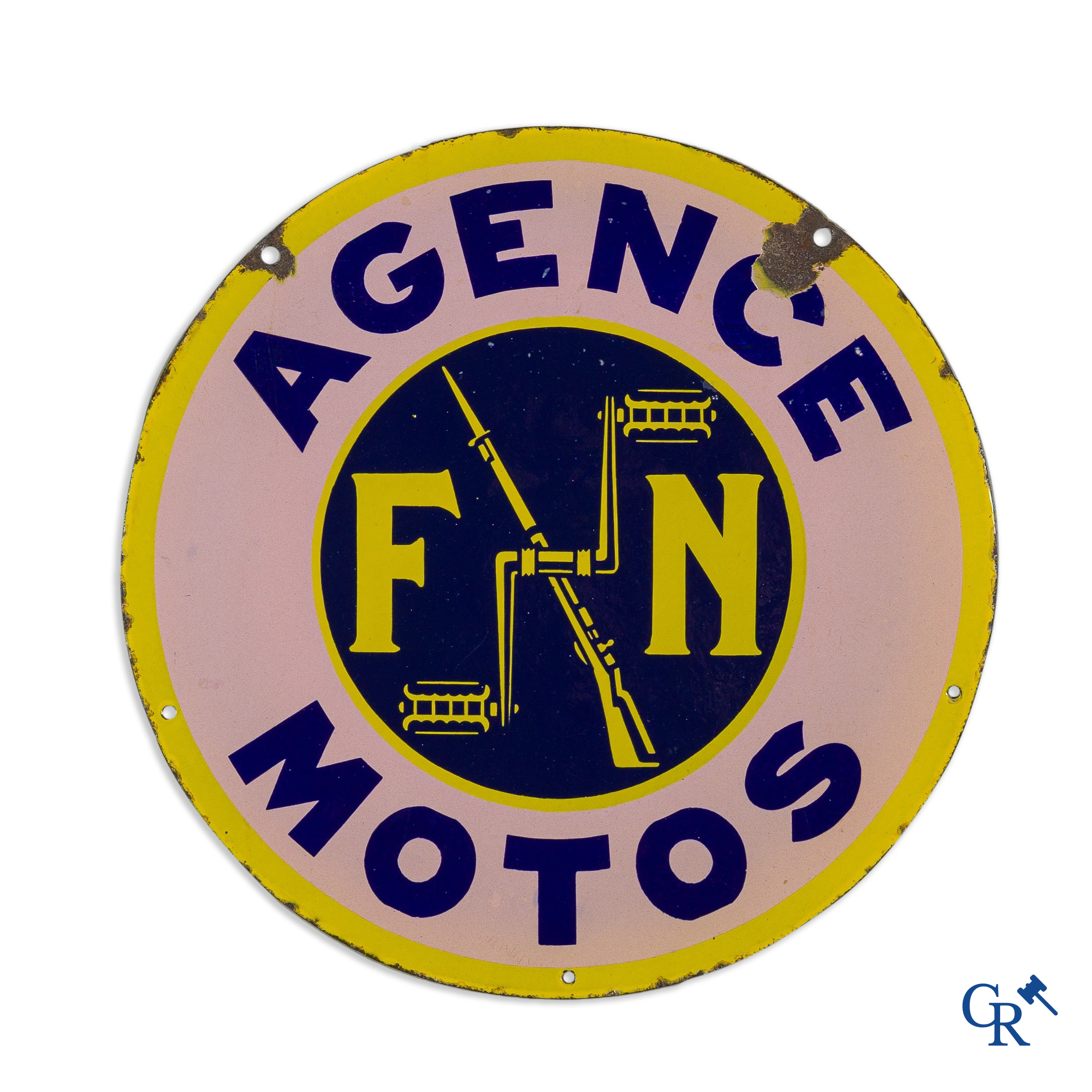 Fabrique Nationale Herstal. Dubbelzijdig franstalig emaille uithangbord voor motor rijwielen FN. Circa 1910-1920.
