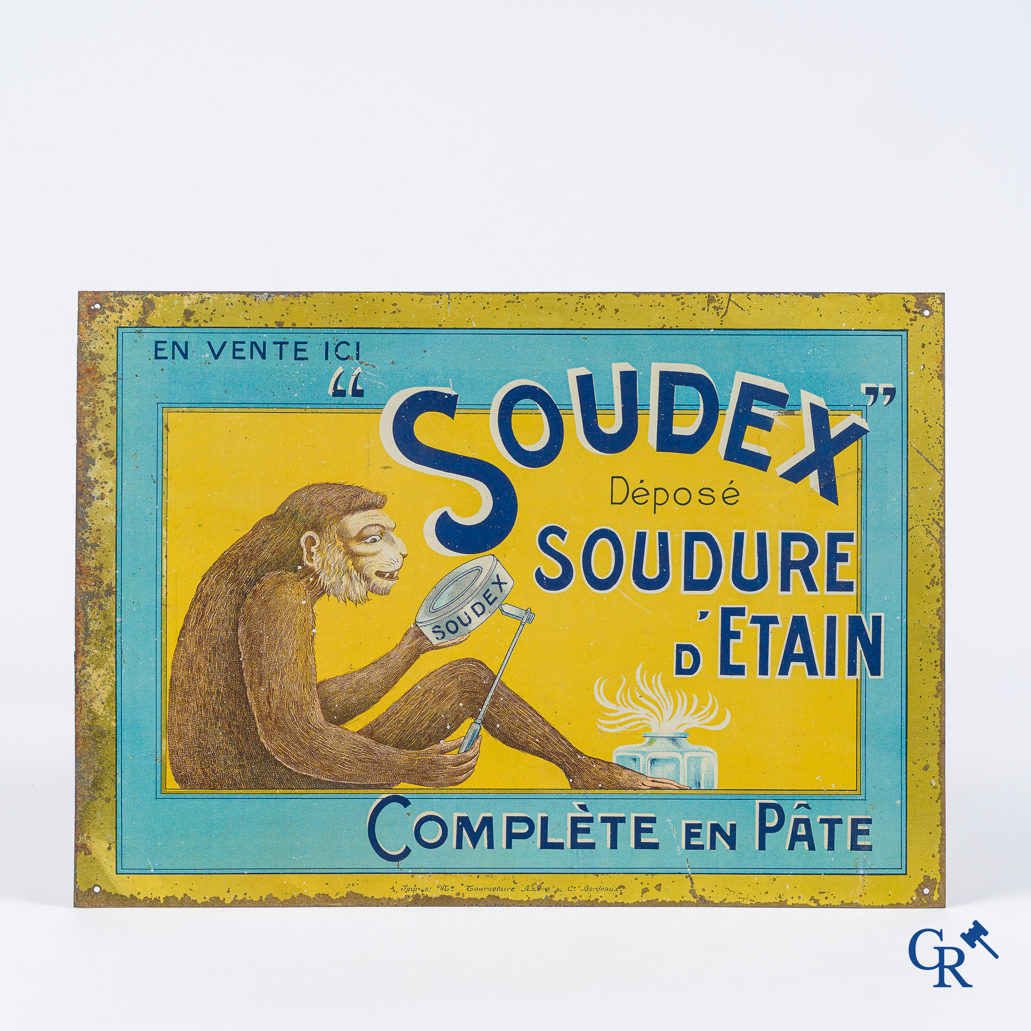 Soudex, Soudure d'étain, complète en pâte. En vente ici. Amusing advertising sign with a monkey for tin solder. 1930's.