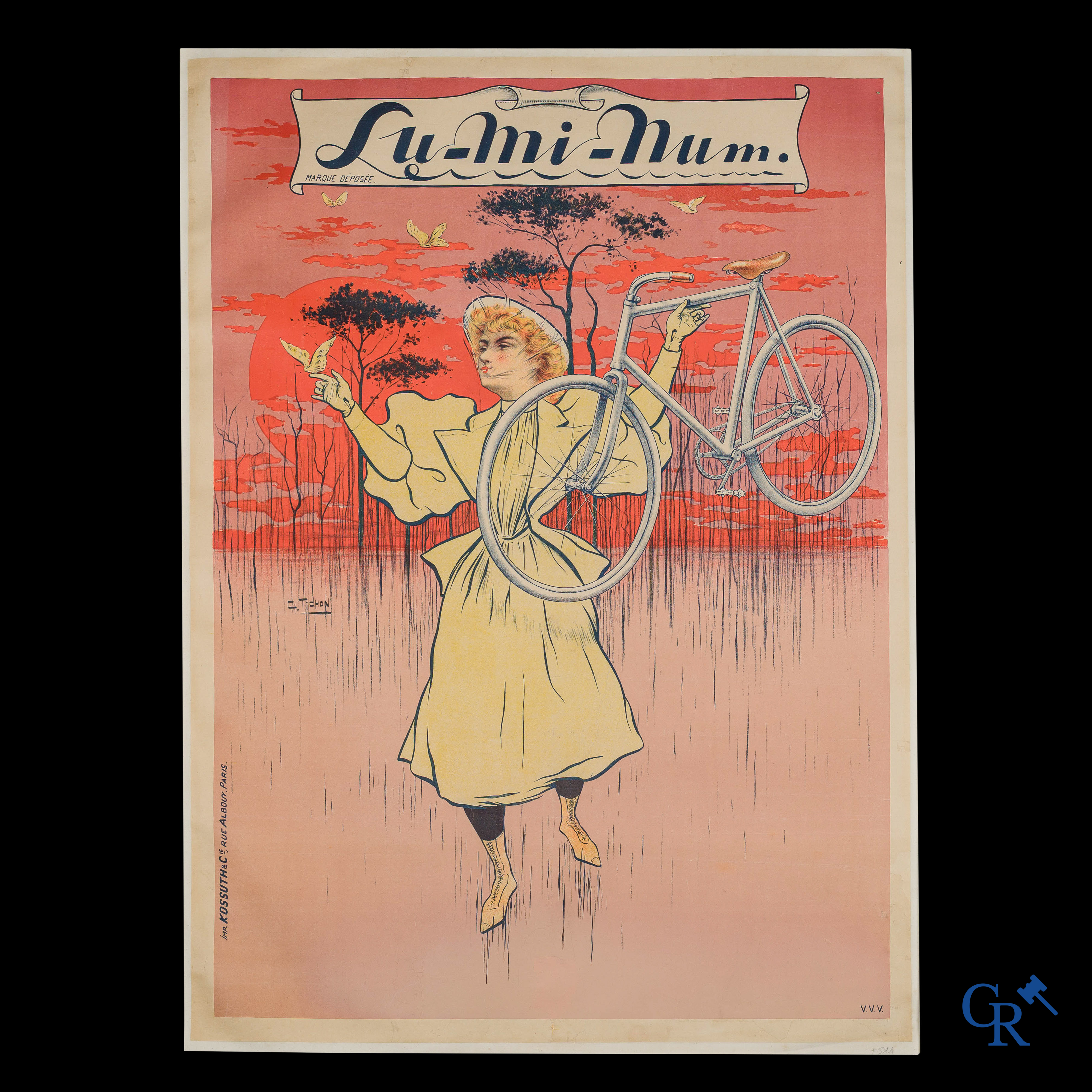 Cycles Lu-Mi-Num. Beautiful Belle-Epoque publicity poster with a design by Charles Tichon (1865-1924). Around 1900.