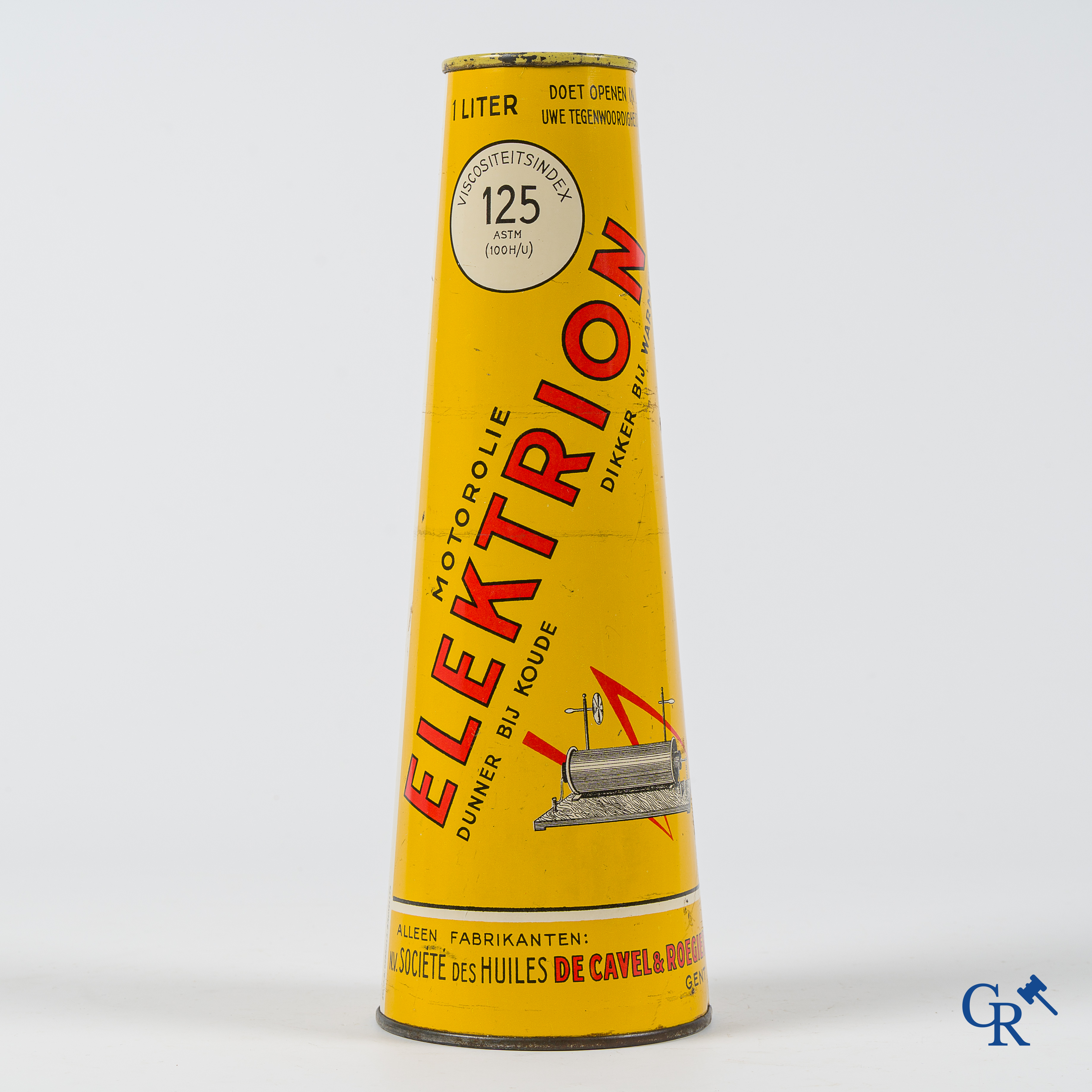 Elektrion, conical oil can 1 litre. Société des Huiles De Cavel & Roegiers S.A. Gand. Etc. J.B. Gabriels Bruxelles.