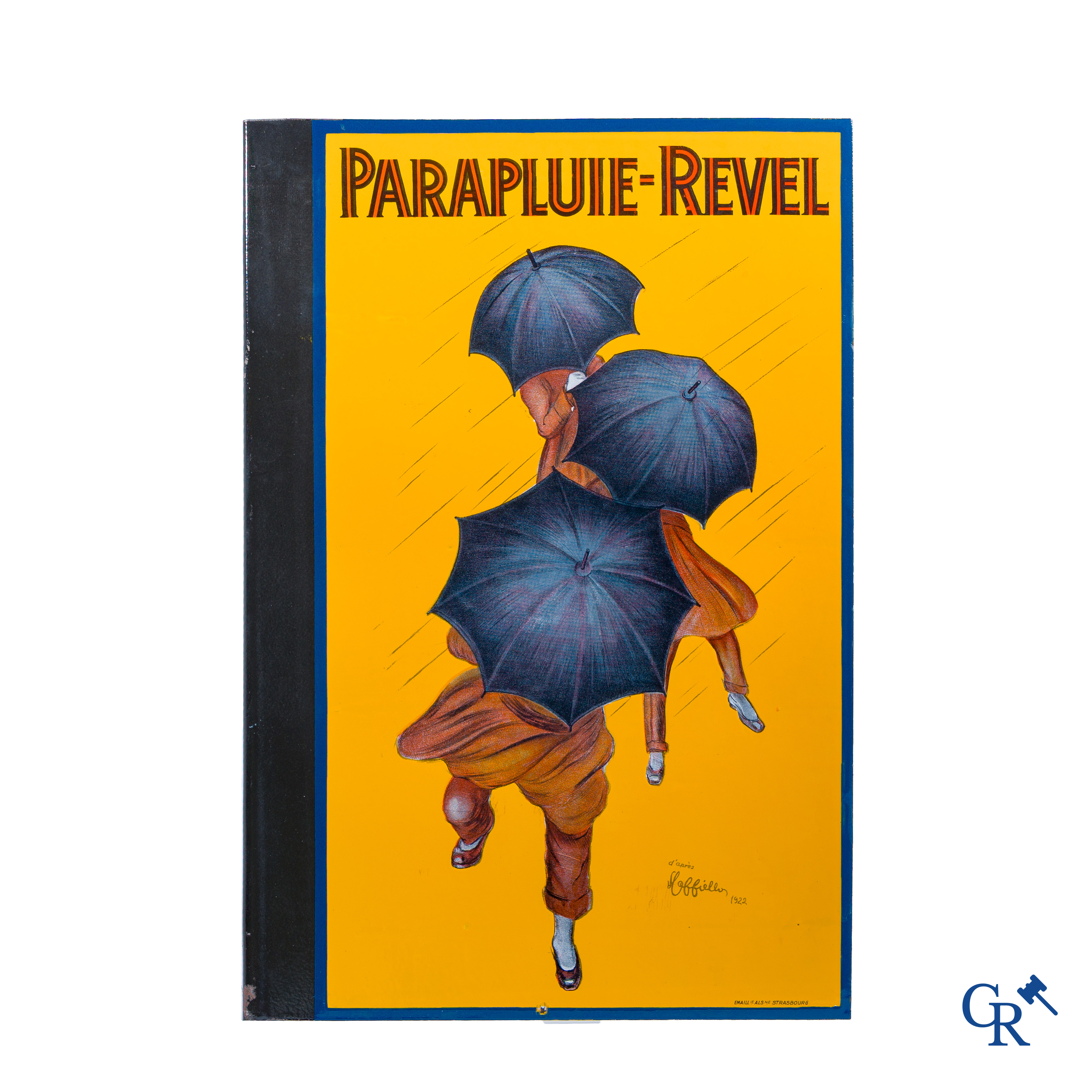 Parapluie-Revel. Dubbelzijdig geëmailleerd uithangbord. Ontwerp van Leonetto Cappiello. Jaren '20.