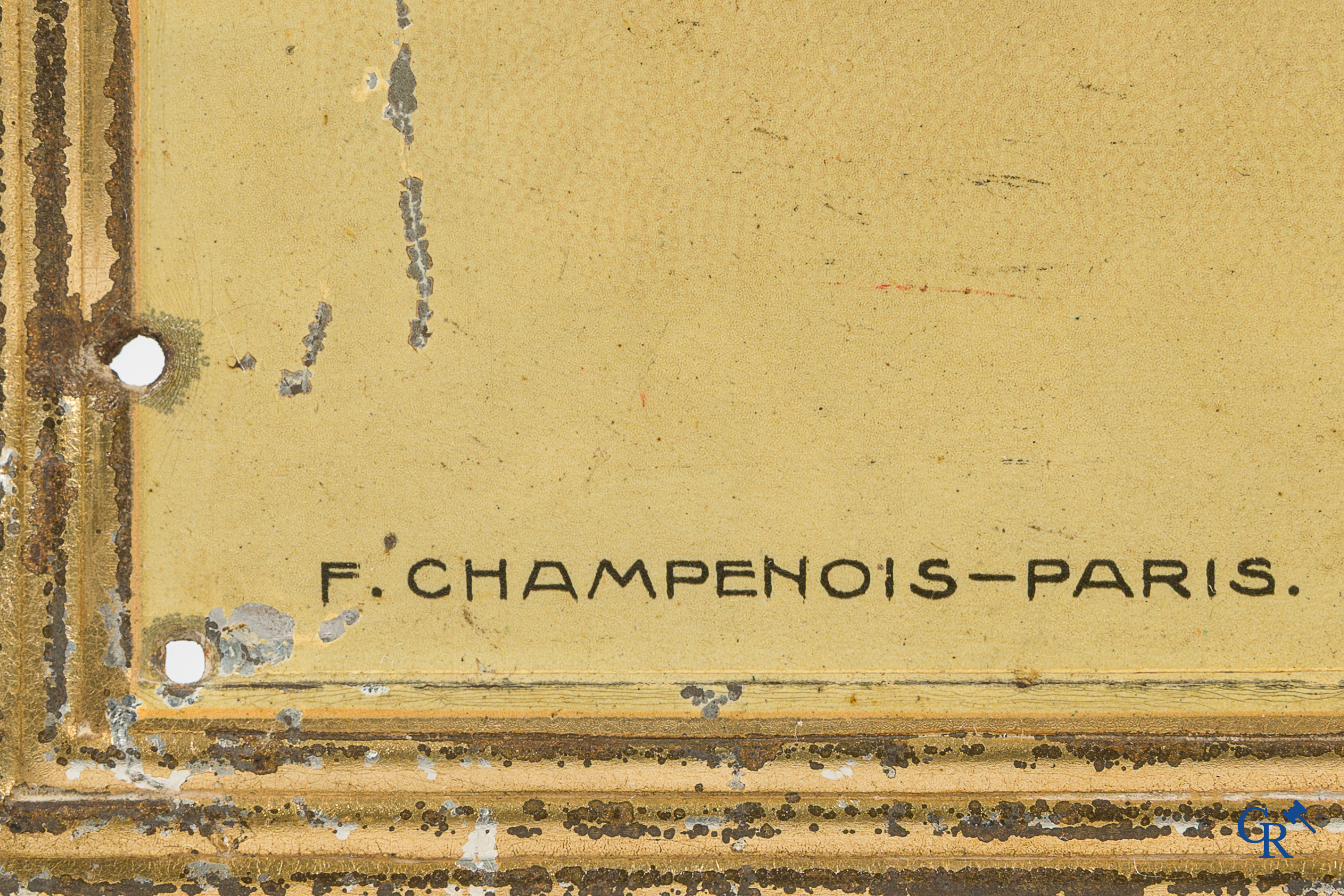 Advertising sign in embossed painted tin for Eau de Vie de Faugères by Noël Salles. Around 1920.