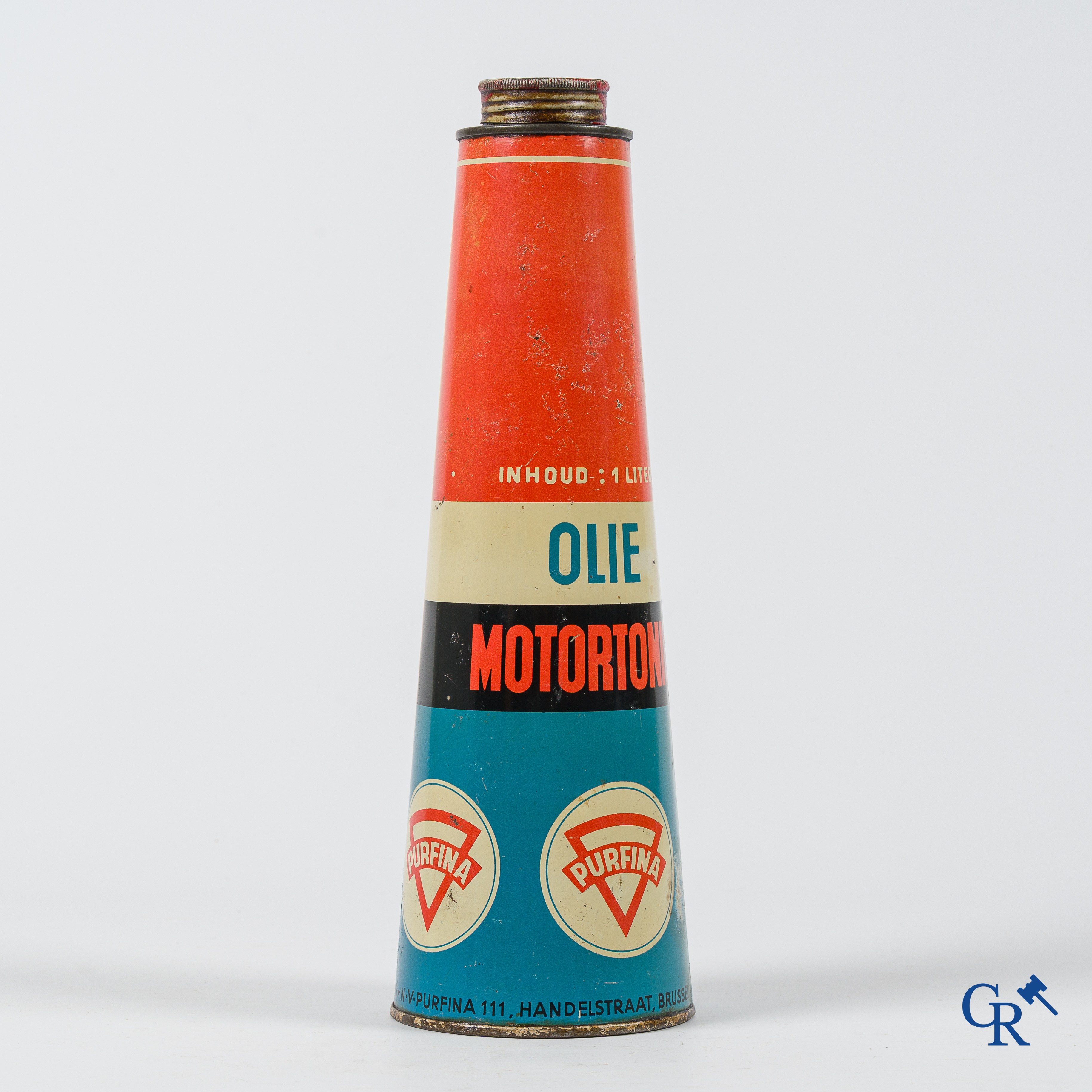 Purfina, conical oil can 1 litre. Olie Motortonic. N.V. Purfina, 111 rue du Commerce Brussels.