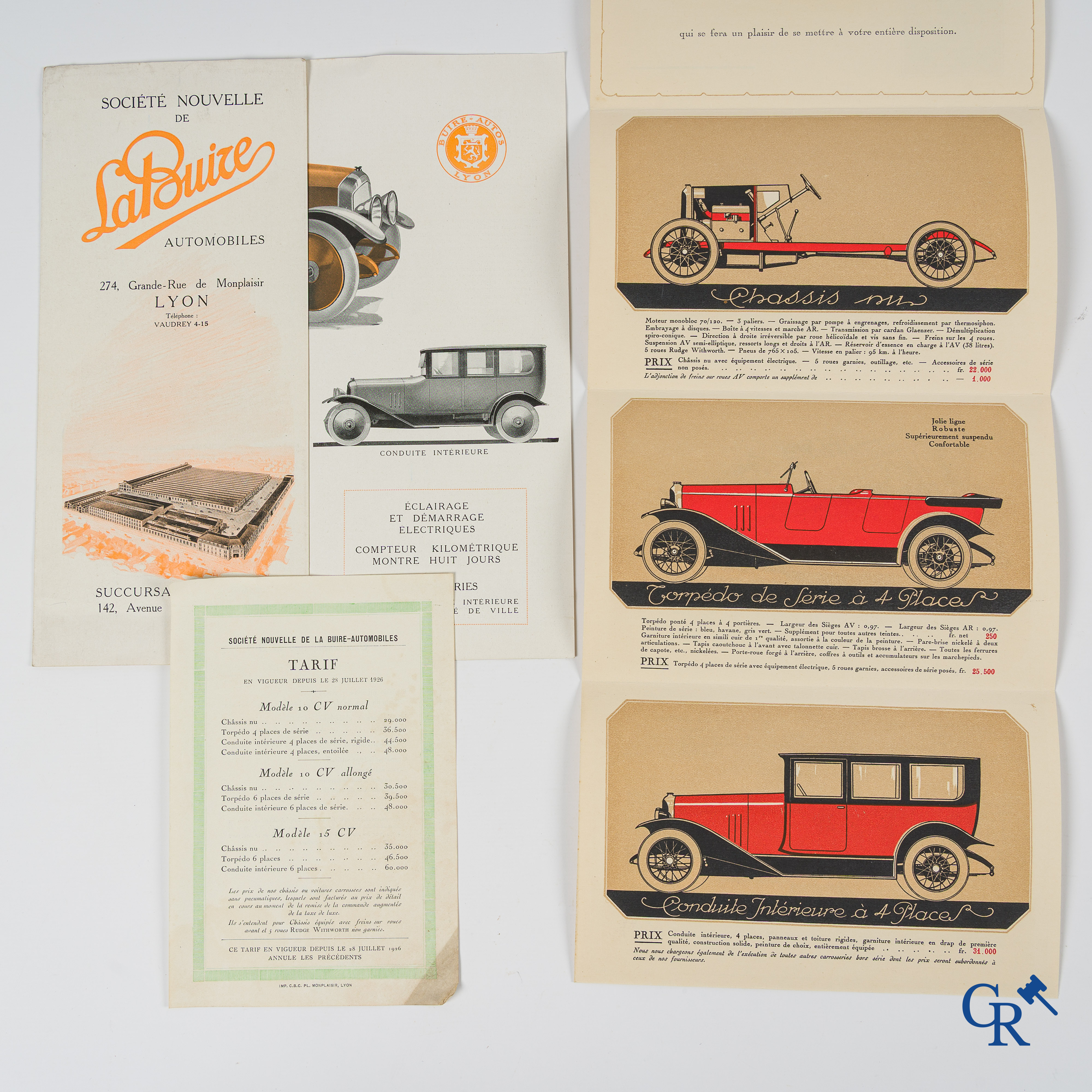 La Buire Automobiles, Exceptionally foldable advertising envelope and a leaflet with price list. 1924-1926.