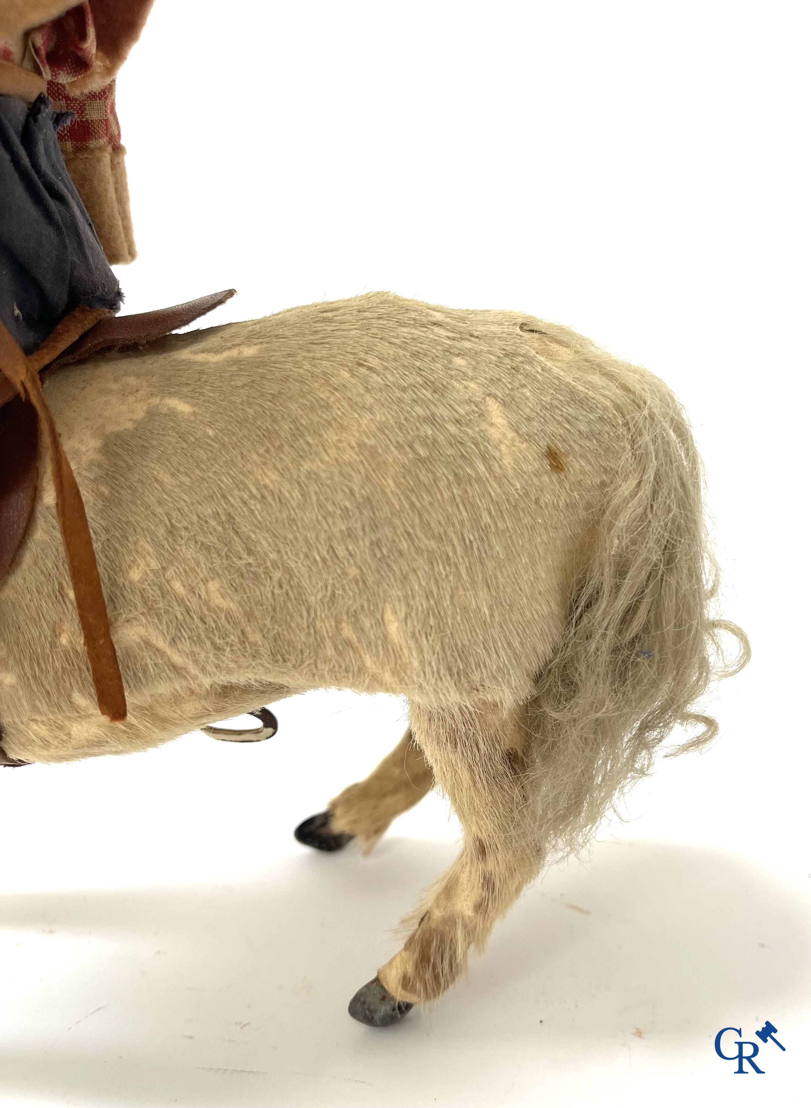 Jouets anciens. Roullet & Decamps. "Cheval sauteur cowboy" Jouet mécanique, cheval avec cow-boy. Circa 1910-1920.