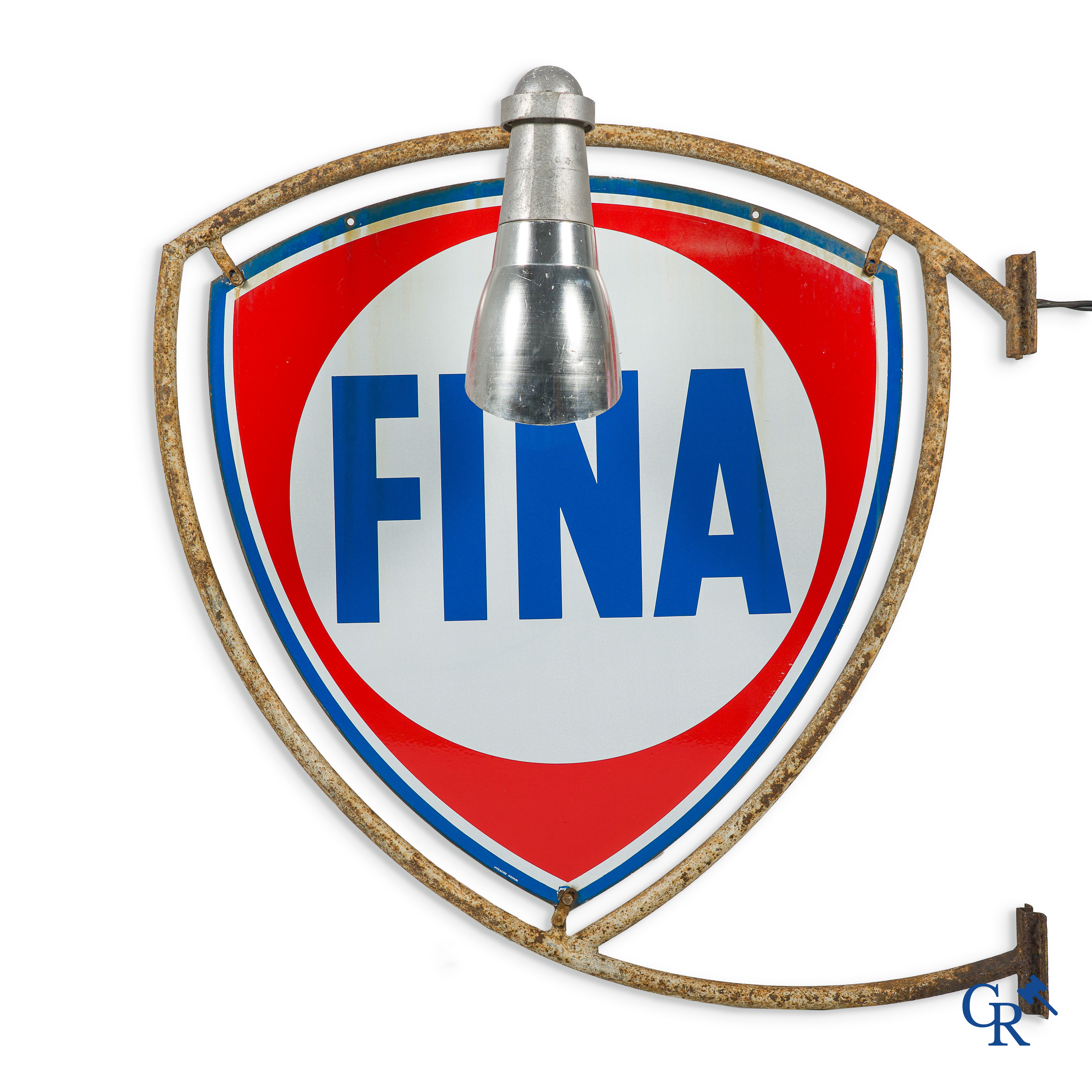 Fina. Large enamelled double sided advertising sign in metal frame with the original aluminium spotlights. Circa 1950.