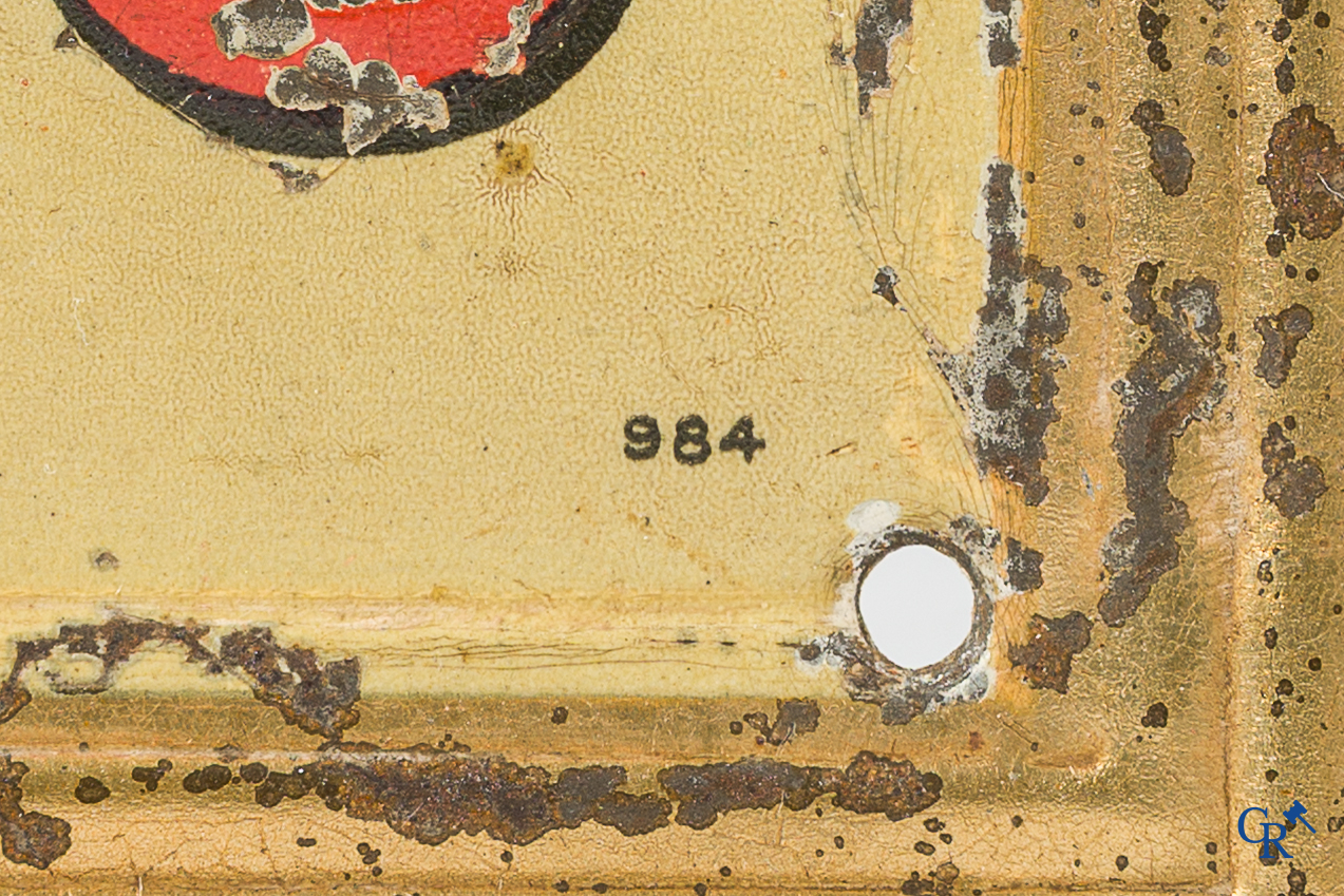 Advertising sign in embossed painted tin for Eau de Vie de Faugères by Noël Salles. Around 1920.
