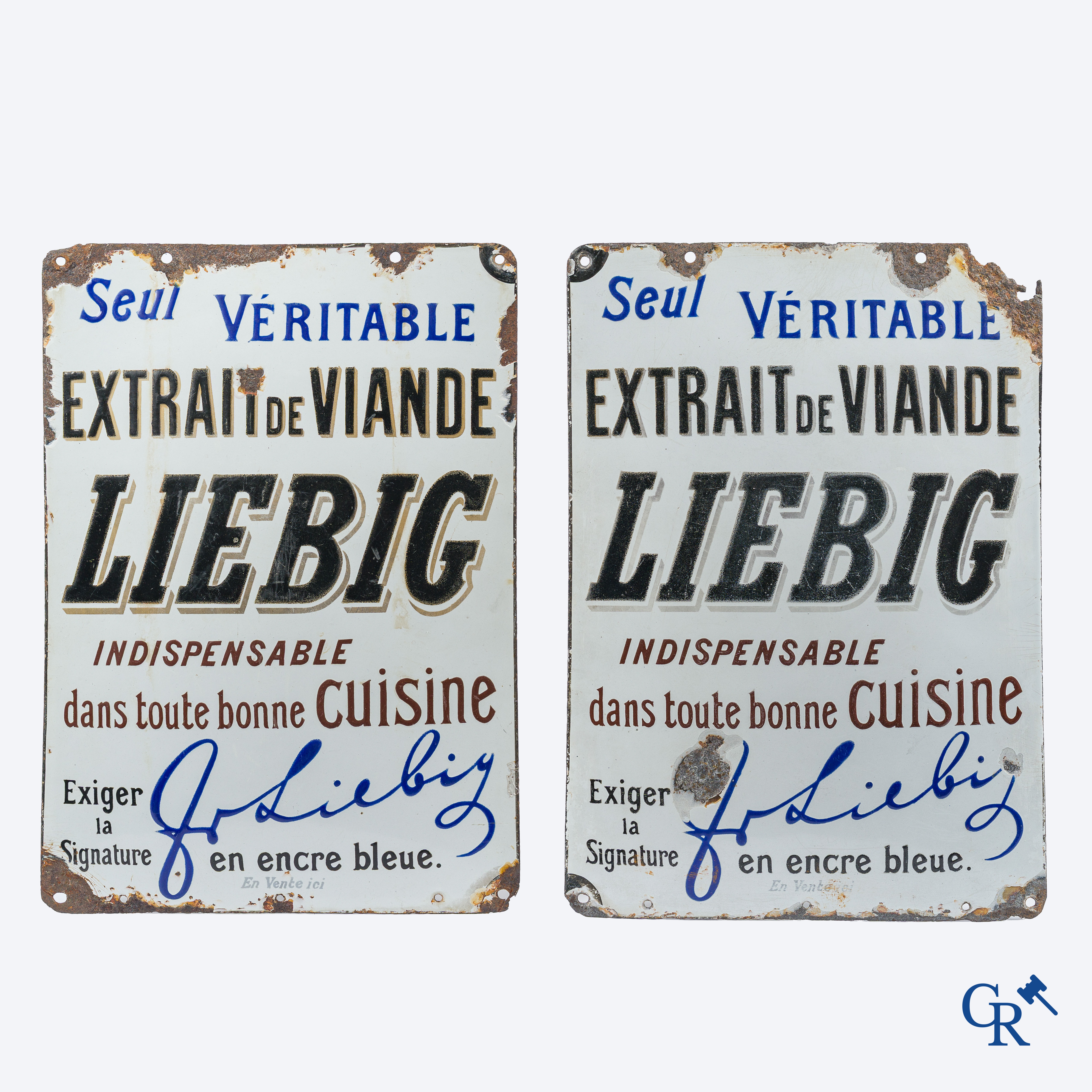 Liebig, Rare set of 2 enamel advertising signs suspended from a cast iron ox-shaped bracket. Around 1900.
